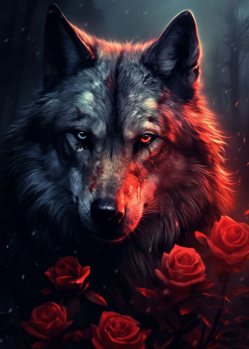 wolf powerful in red rose ' Poster, picture, metal print, paint