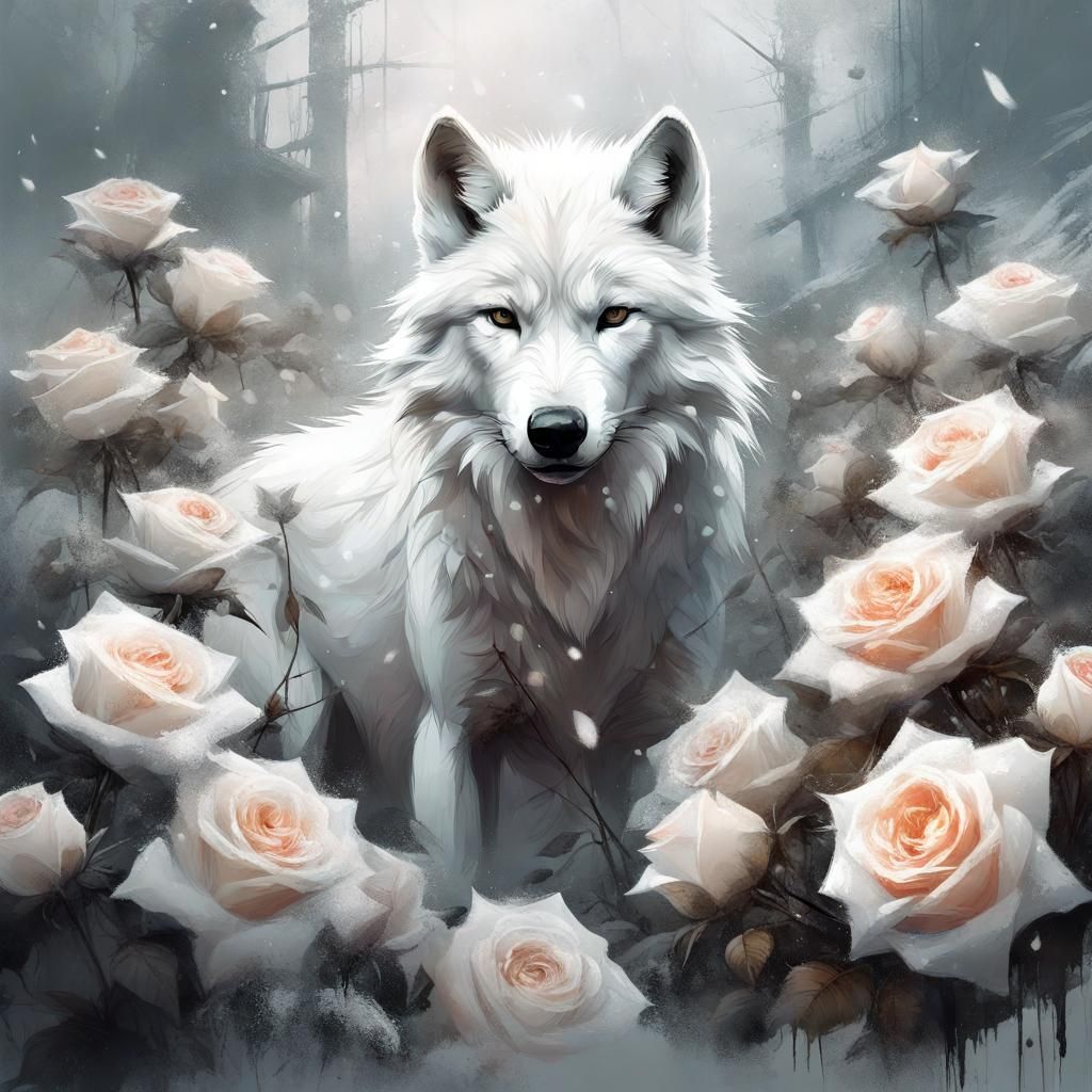 Arctic Wolf in the White Roses