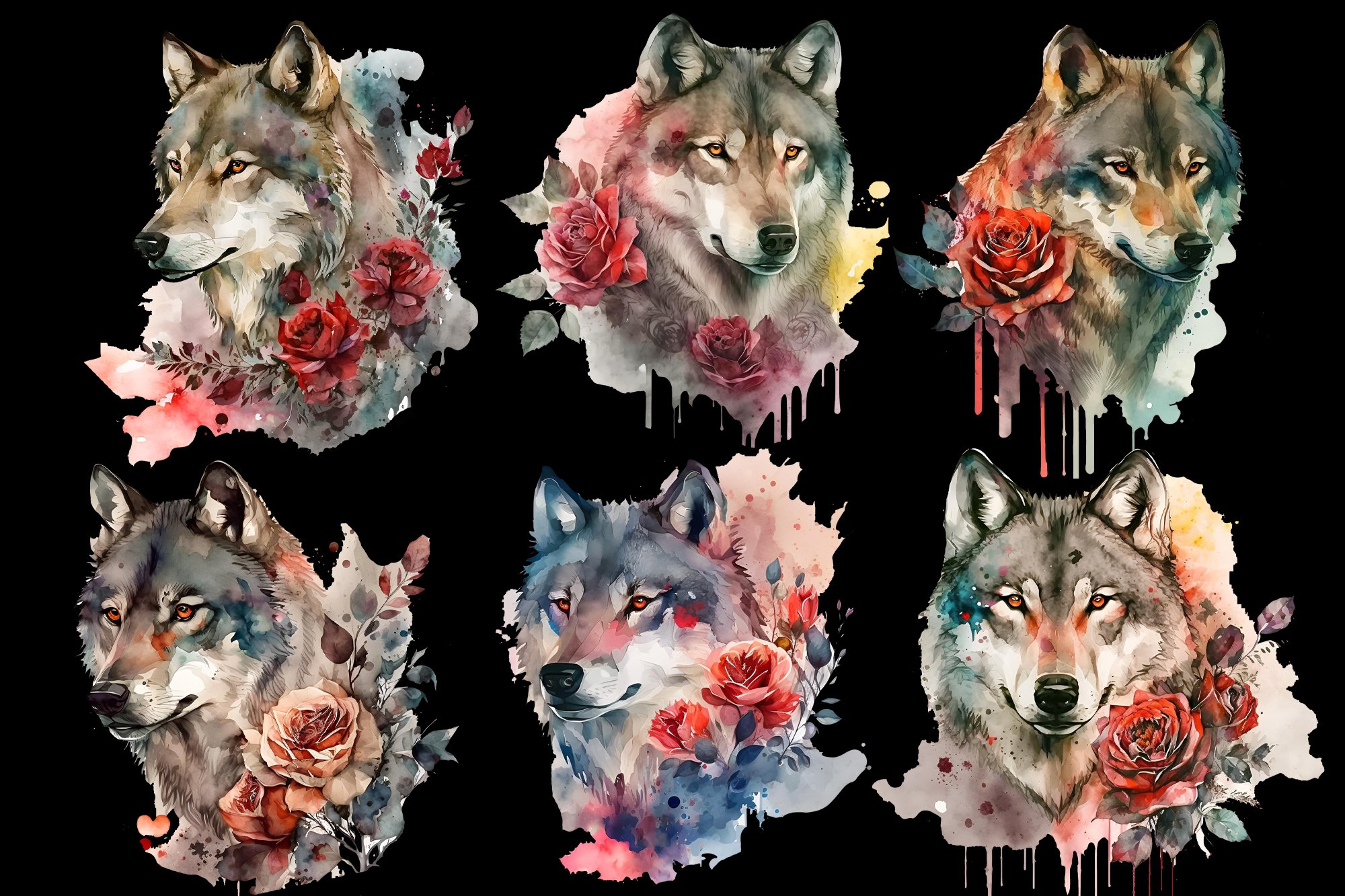 Watercolor wolf with red rose, wolf postcard, wolf in flower