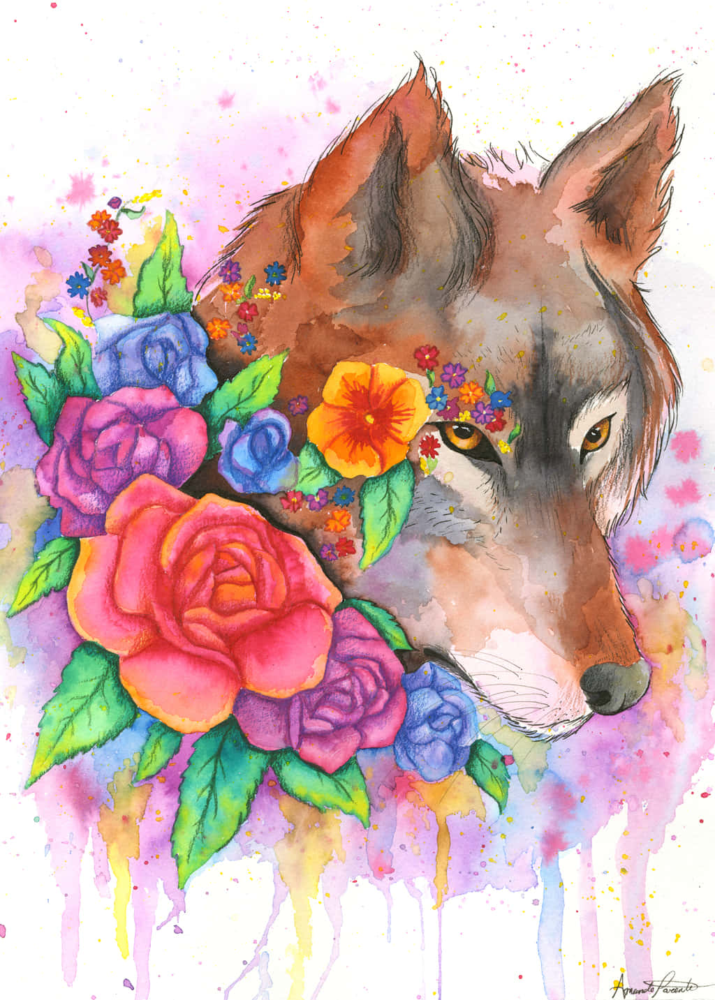 Download Rainbow Wolf With Roses Wallpaper