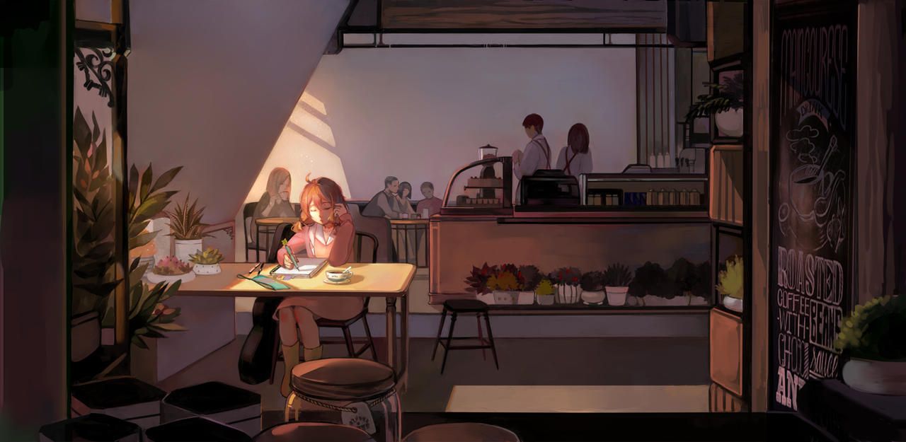 Commission: Coffee Shop By Taro K. Cute Desktop Wallpaper, Aesthetic Desktop Wallpaper, Cute Laptop Wallpaper