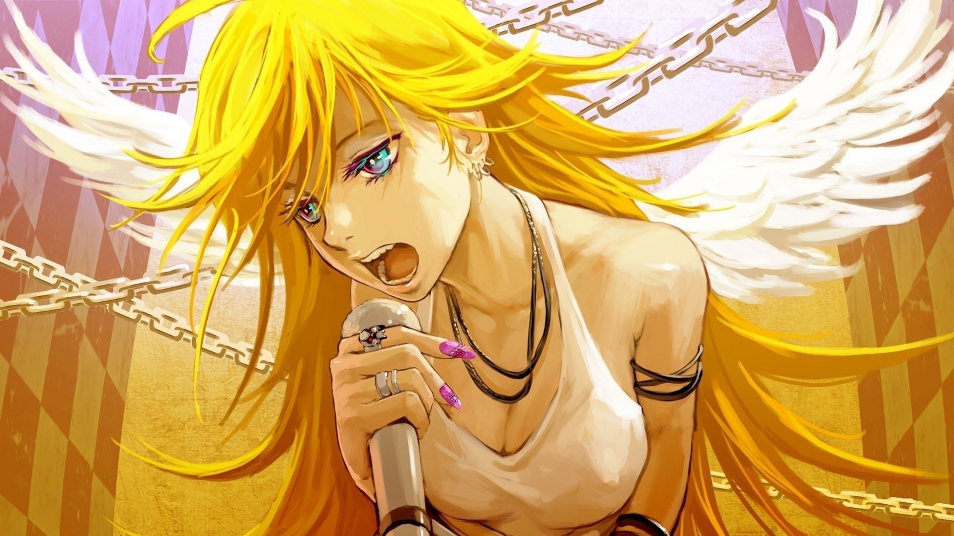 Blondea nime girl sing microphone manga wallpaperx1080