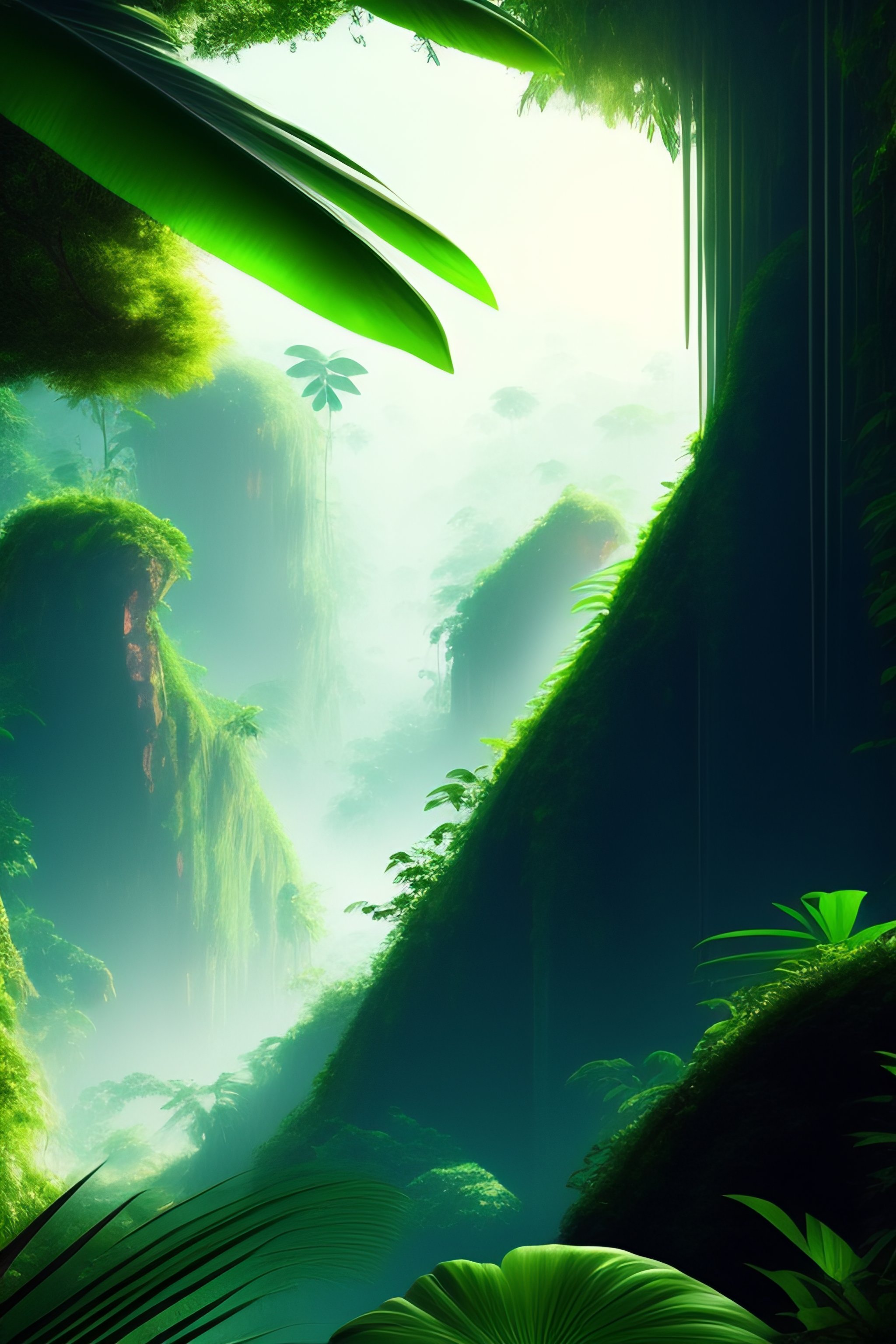 iPhone wallpaper of a jungle landscape with lush green plants, 50mm photo