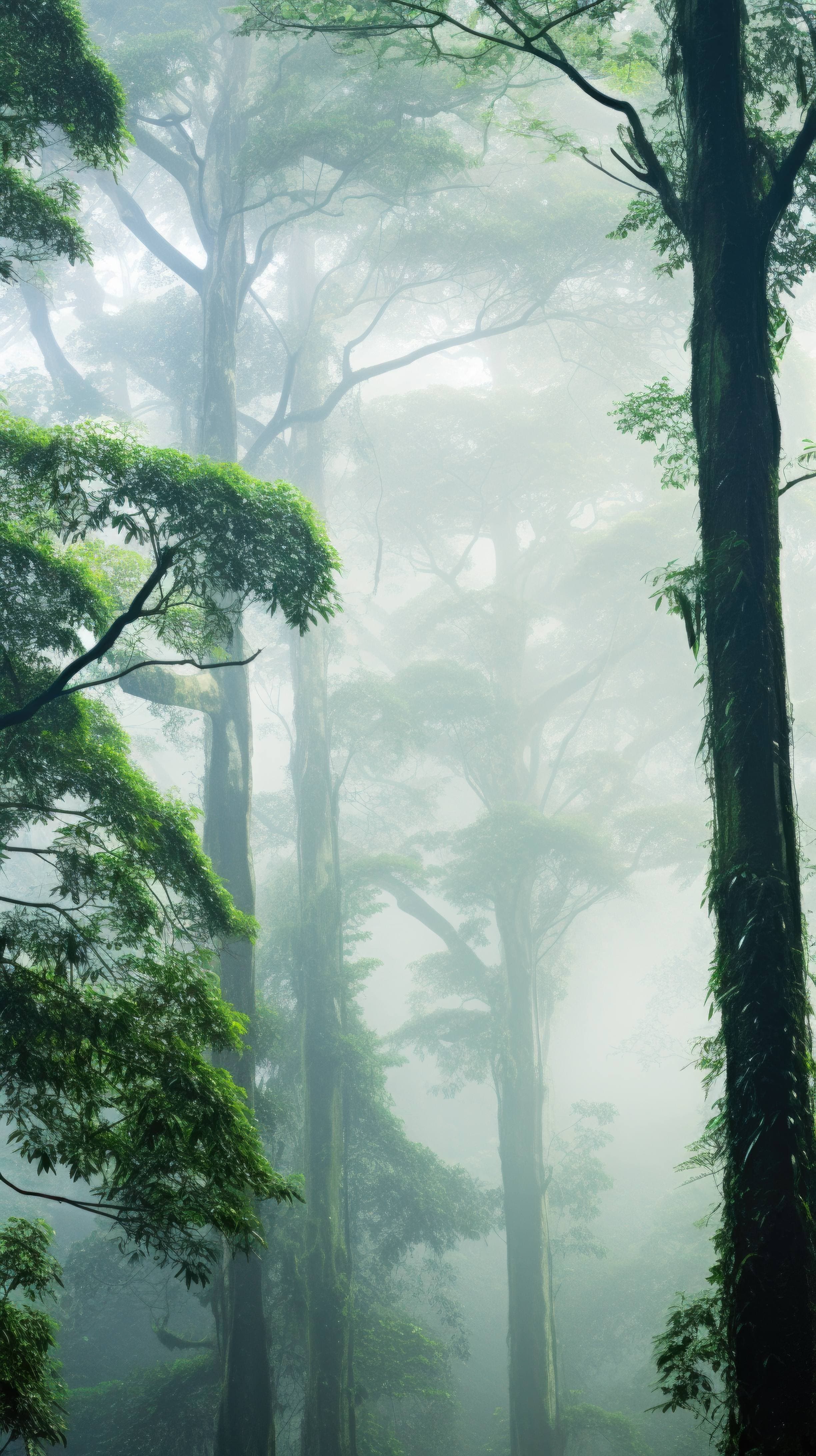 Towering rainforest trees emerging from the morning mist, bathed in muted light