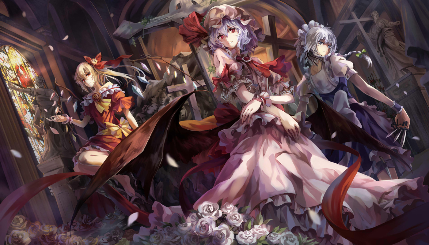 flandre scarlet flowers izayoi sakuya knife maid neko (yanshoujie) petals remilia scarlet touhou vampire. konachan.com.com Anime Wallpaper