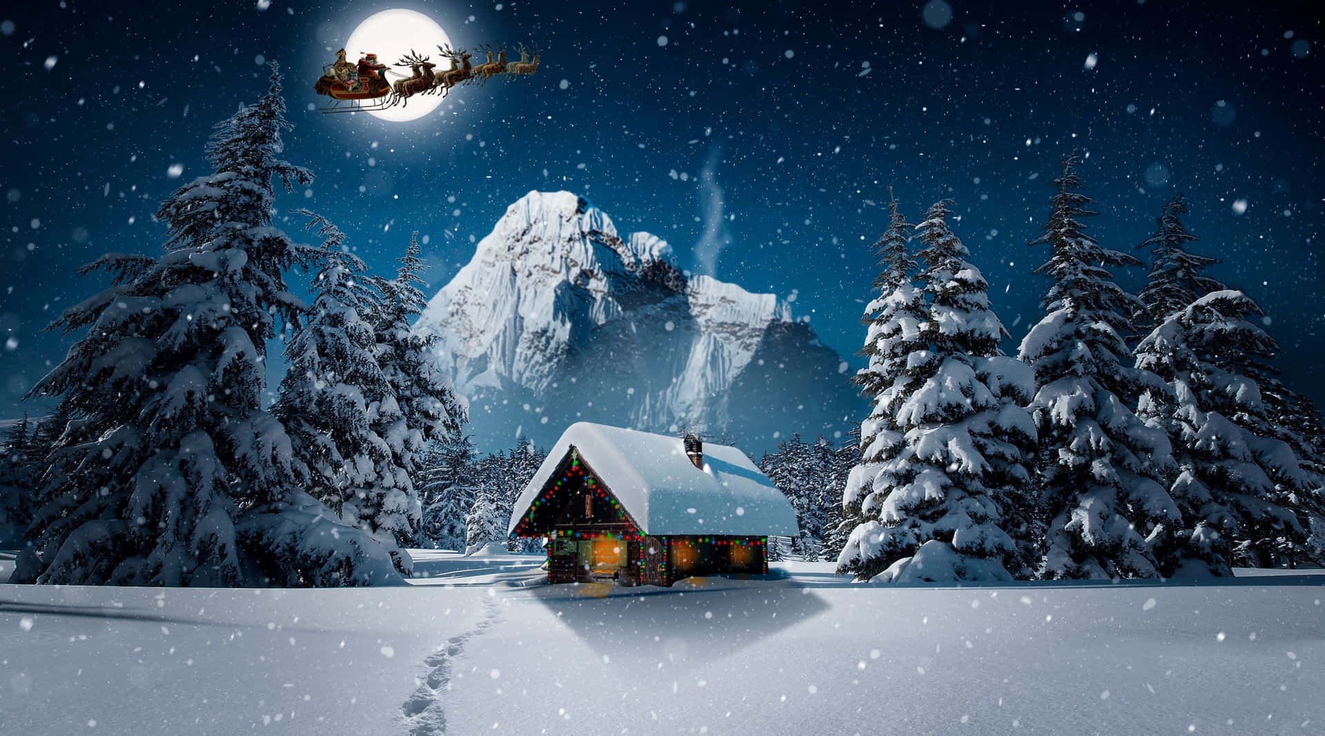 Download Winter Night Desktop With Santa Claus Flying Wallpaper