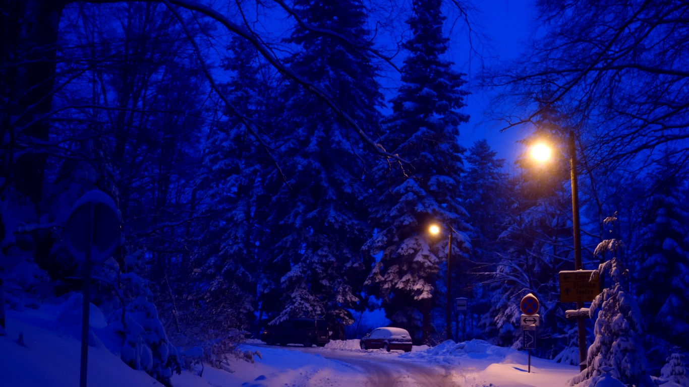 Download wallpaper 1366x768 winter, night, street lights, road, tablet, laptop, 1366x768 HD background, 3711