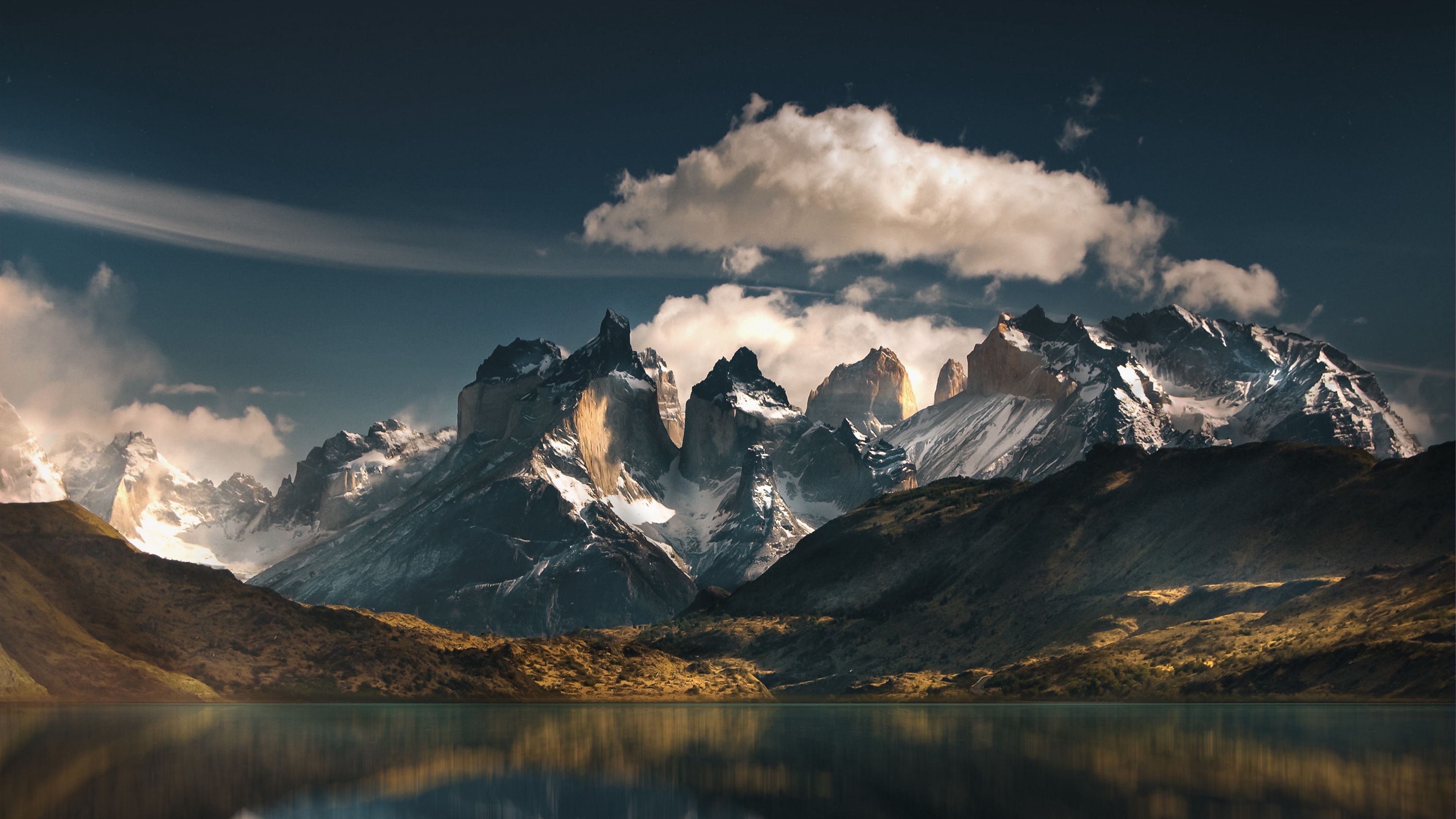 Download wallpaper 3840x2160 mountains, lake, national park, reflection, torres del paine, chile 4k uhd 16:9 HD background