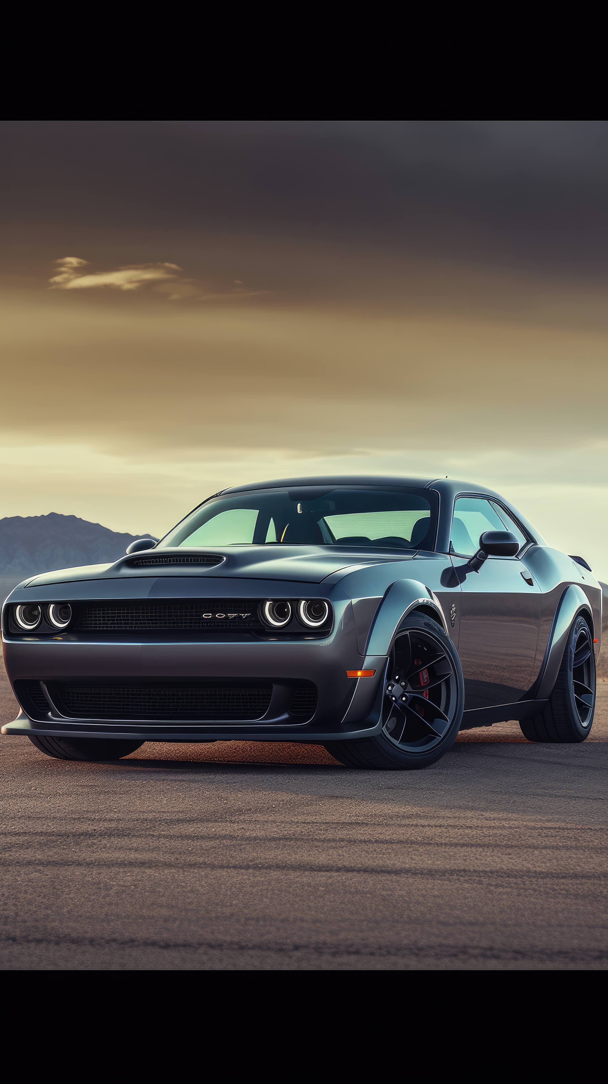 Take a ride on the wild side with a mobile wallpaper of a 2021 Dodge Challenger Hellcat Redeye, featuring its menacing front grille and sleek black finish that exudes power and attitude