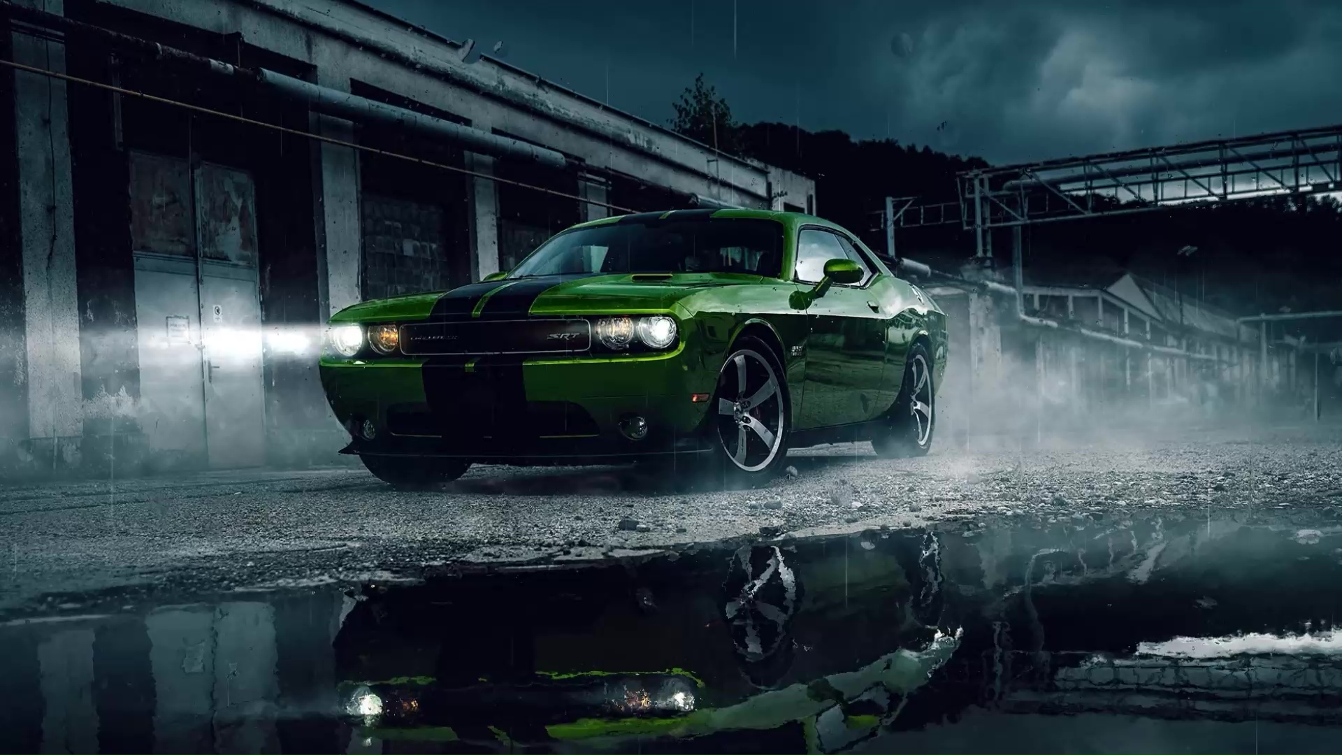 Green Dodge Challenger SRT In The Rain