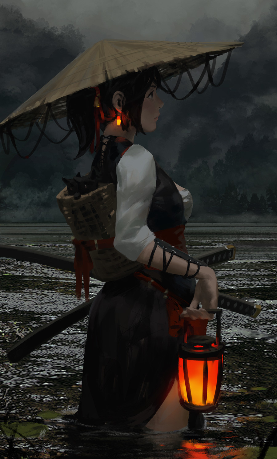 female warrior, fantasy girl, GUWEIZ, dark hair, women, women outdoors, looking away, thighs, fantasy art, cats, dark, anime girls, anime, hat, lantern, katana, digital art, artwork, digital painting, fantasy painting, black hair