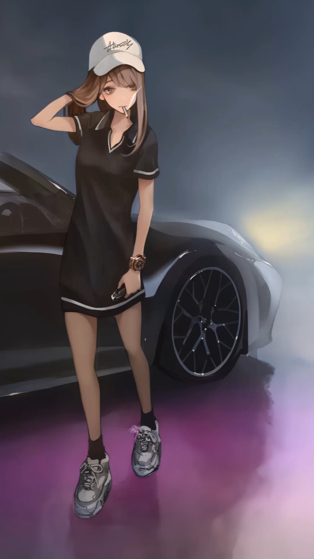 Anime Girl With Cigarette And Porsche Car Live Phone Wallpaper [ Download link in comments ]