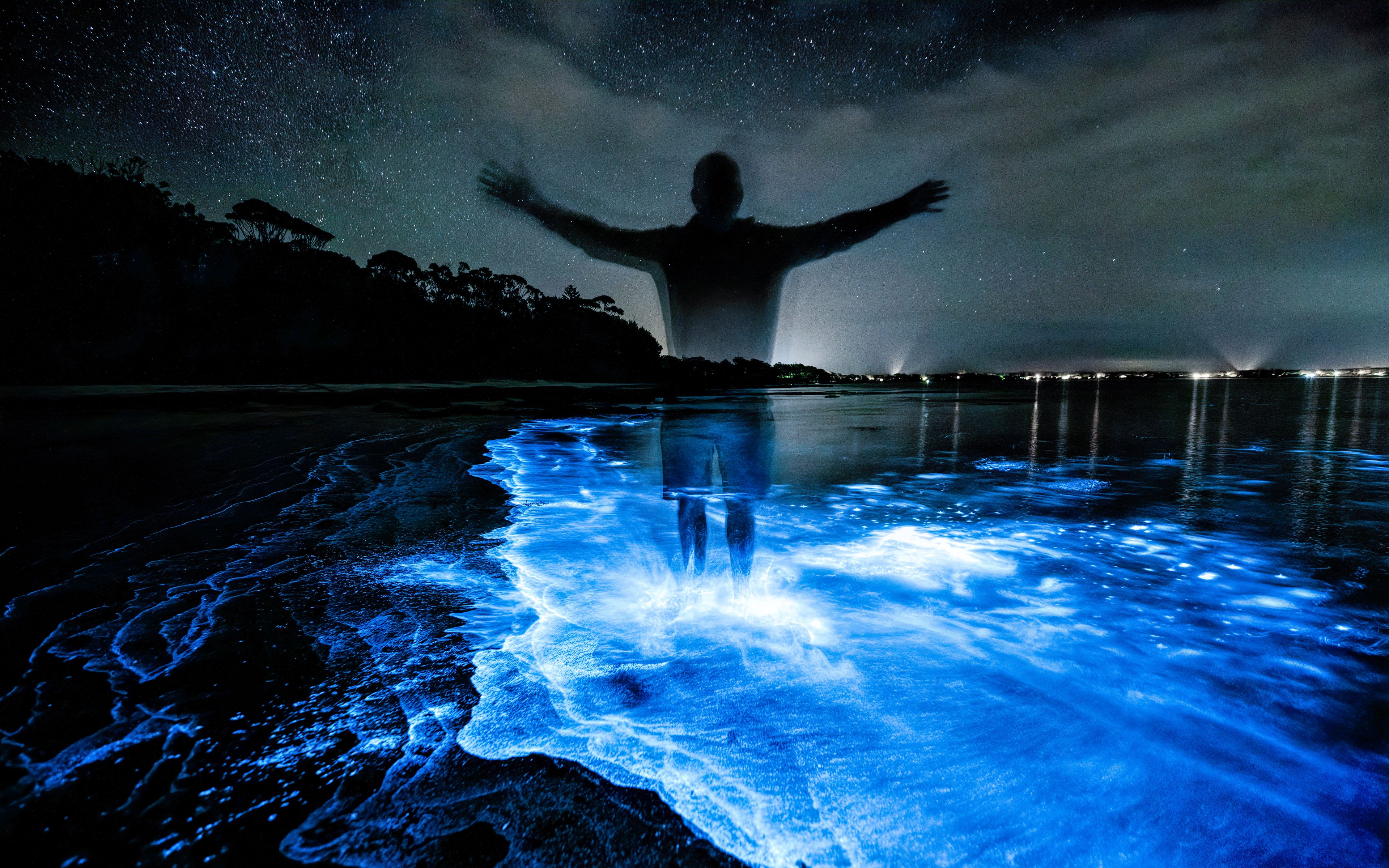 Download wallpaper 3840x2400 silhouette, night, water, luminescence, glow 4k ultra HD 16:10 HD background