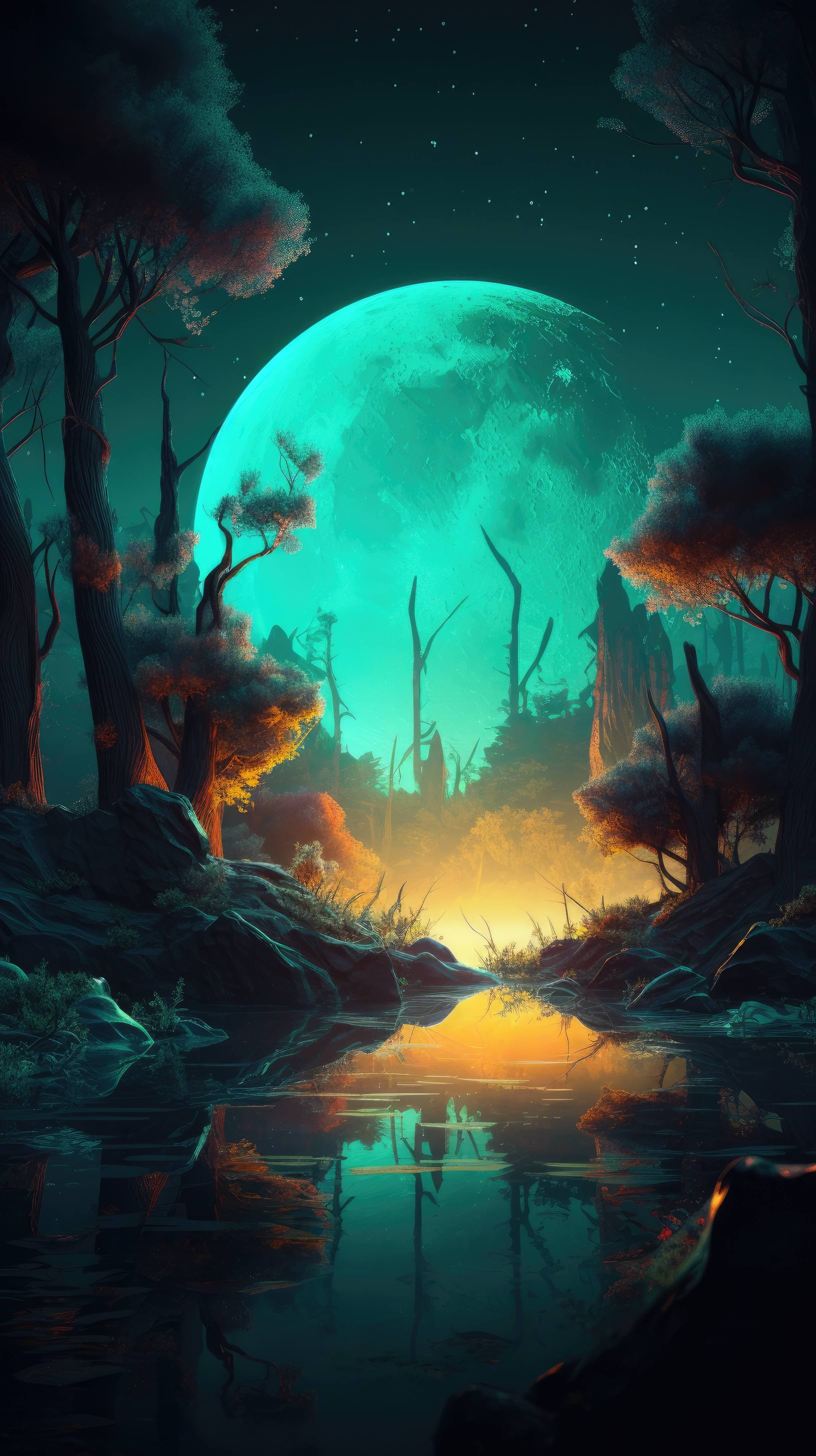 a digital art wallpaper of a surreal forest with a glowing neon undergrowth and a massive moon in the background