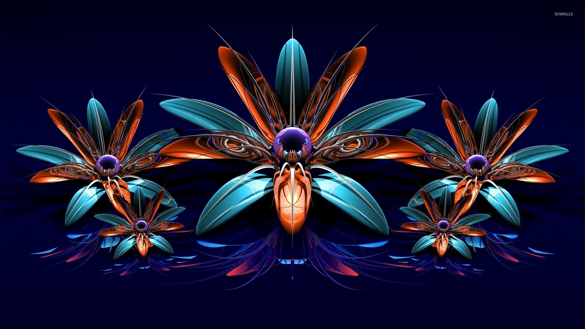 Glowing colorful flowers floating on the dark water wallpaper wallpaper