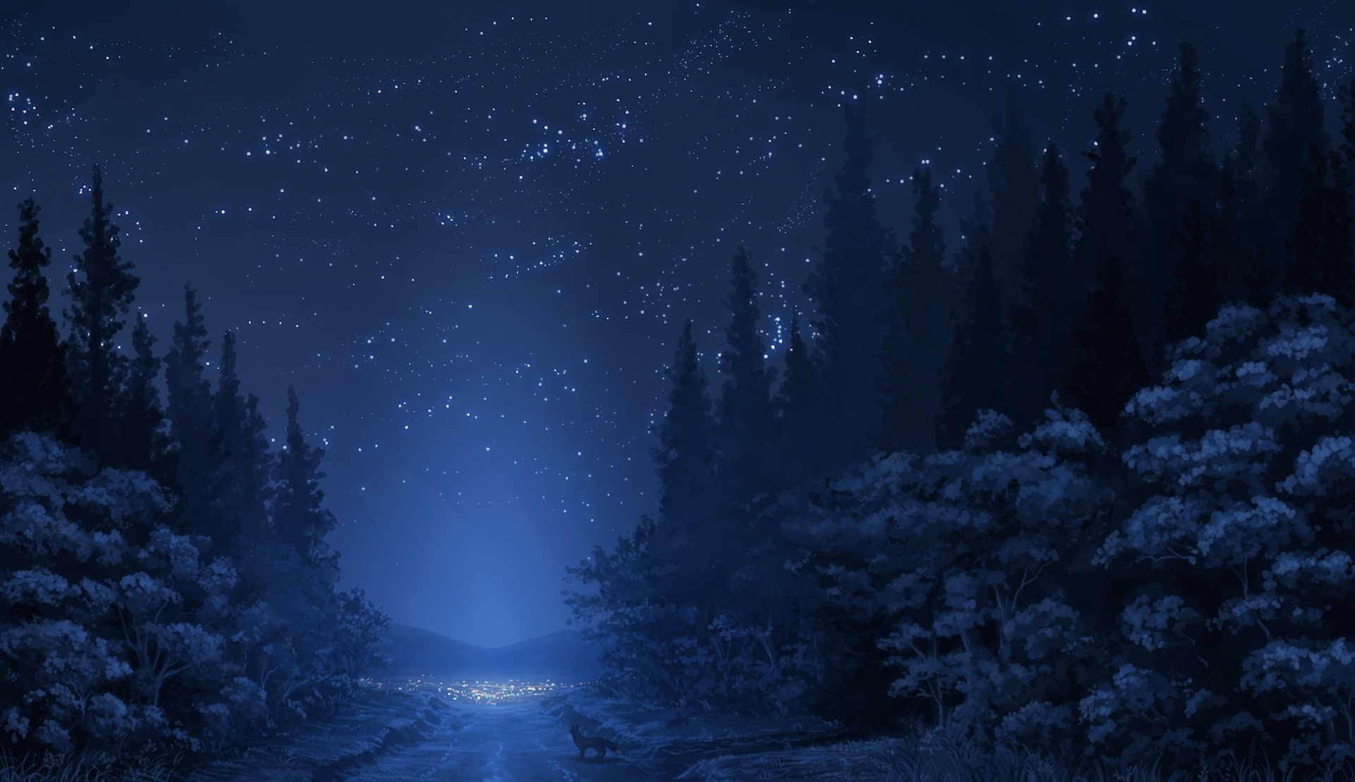 Anime Landscape Forest Night Stars Wolf