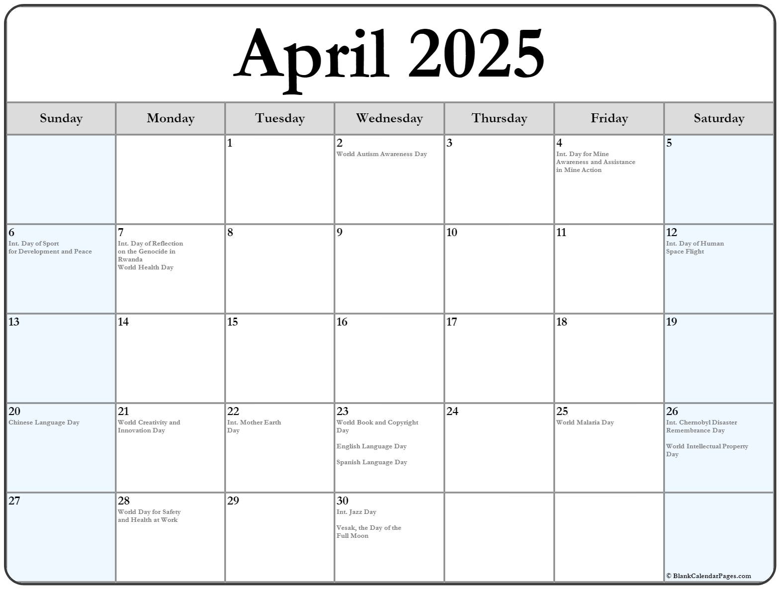 April 2025 with holidays calendar