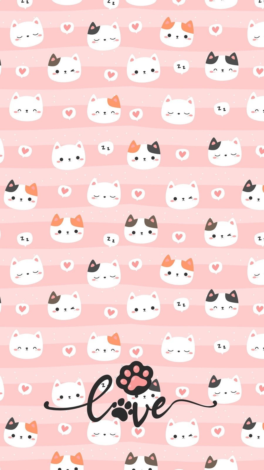 Kawaii neko love. Cute cats on pastel