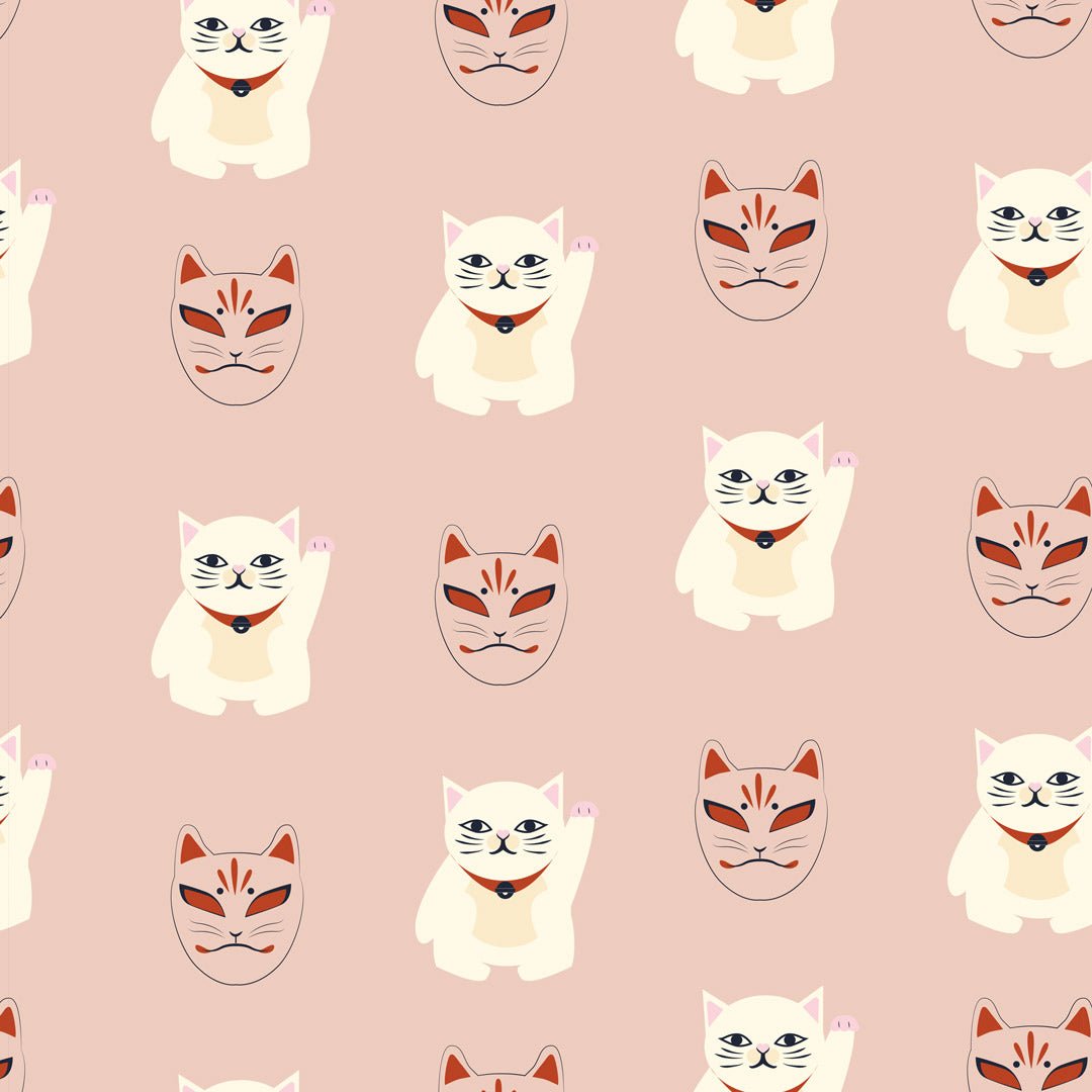 Lucky Cat Wallpaper in Dusty Pink, Red