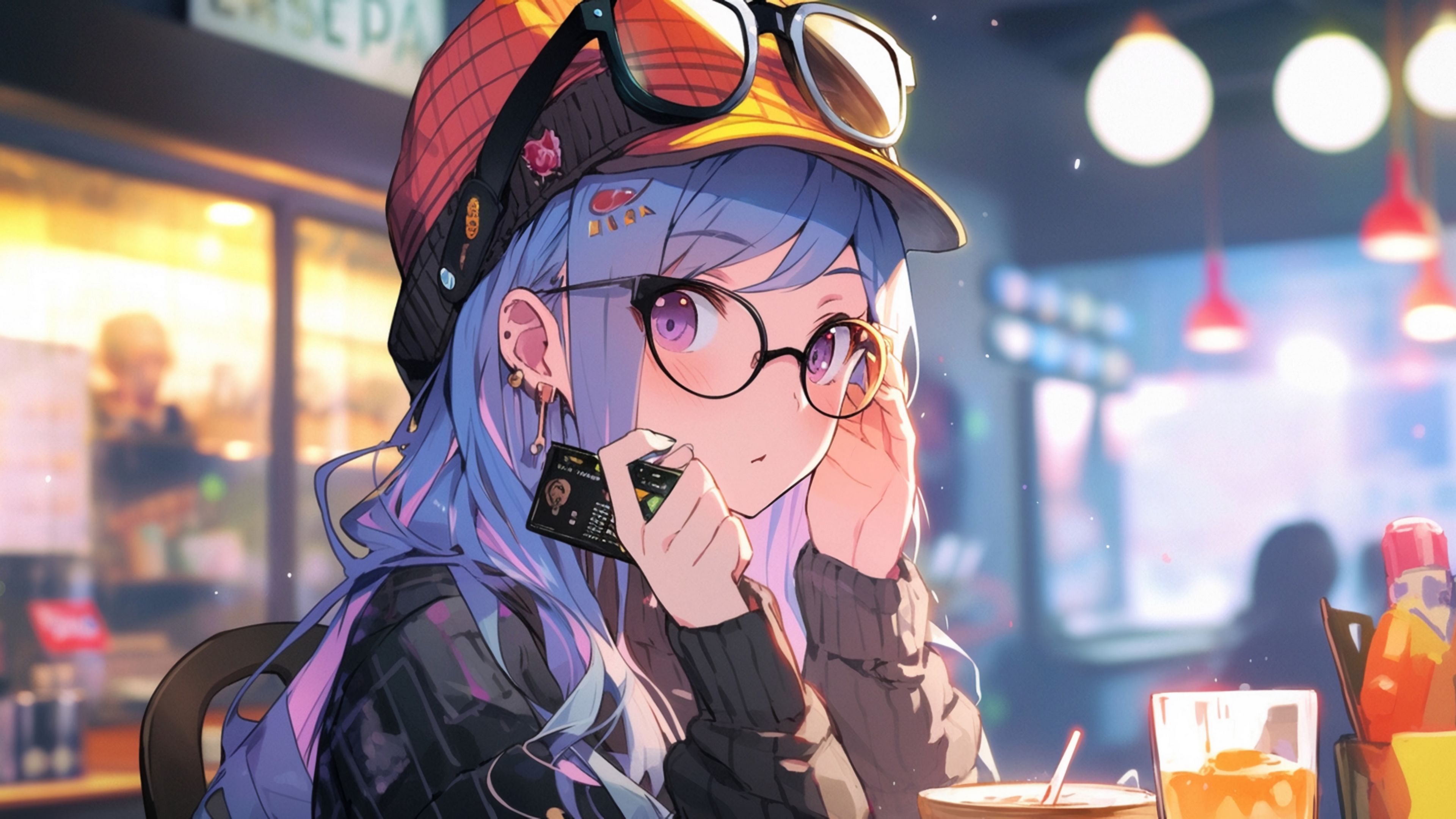 Download wallpaper 3840x2160 girl, cap, glasses, cafe, anime, art 4k uhd 16:9 HD background