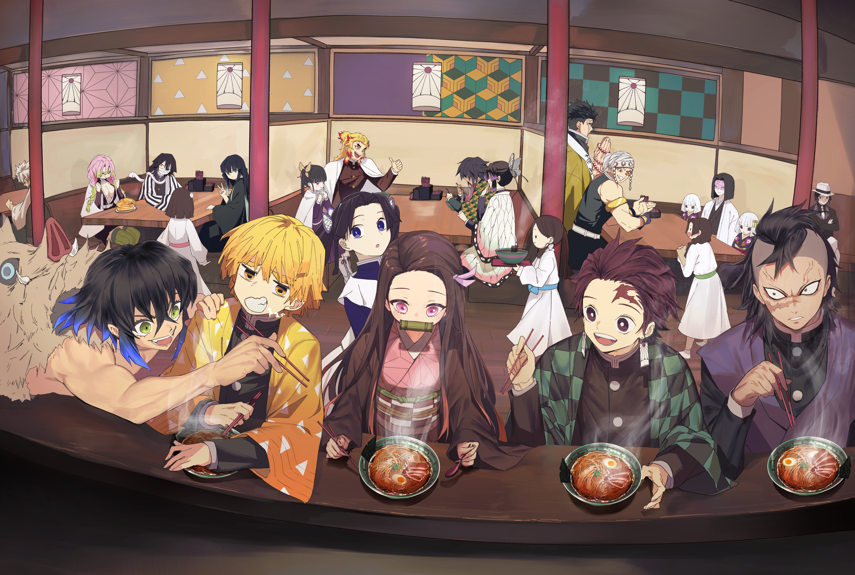 Download Inosuke Hashibira Zenitsu Agatsuma Nezuko Kamado Tanjiro Kamado Anime Demon Slayer: Kimetsu No Yaiba HD Wallpaper