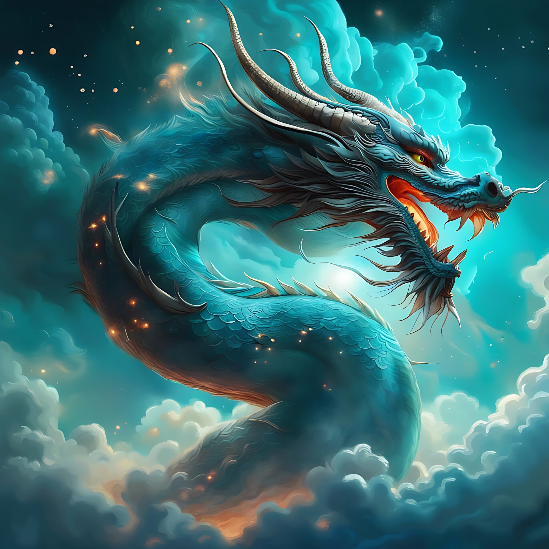 Chinese dragons in the sky above clouds