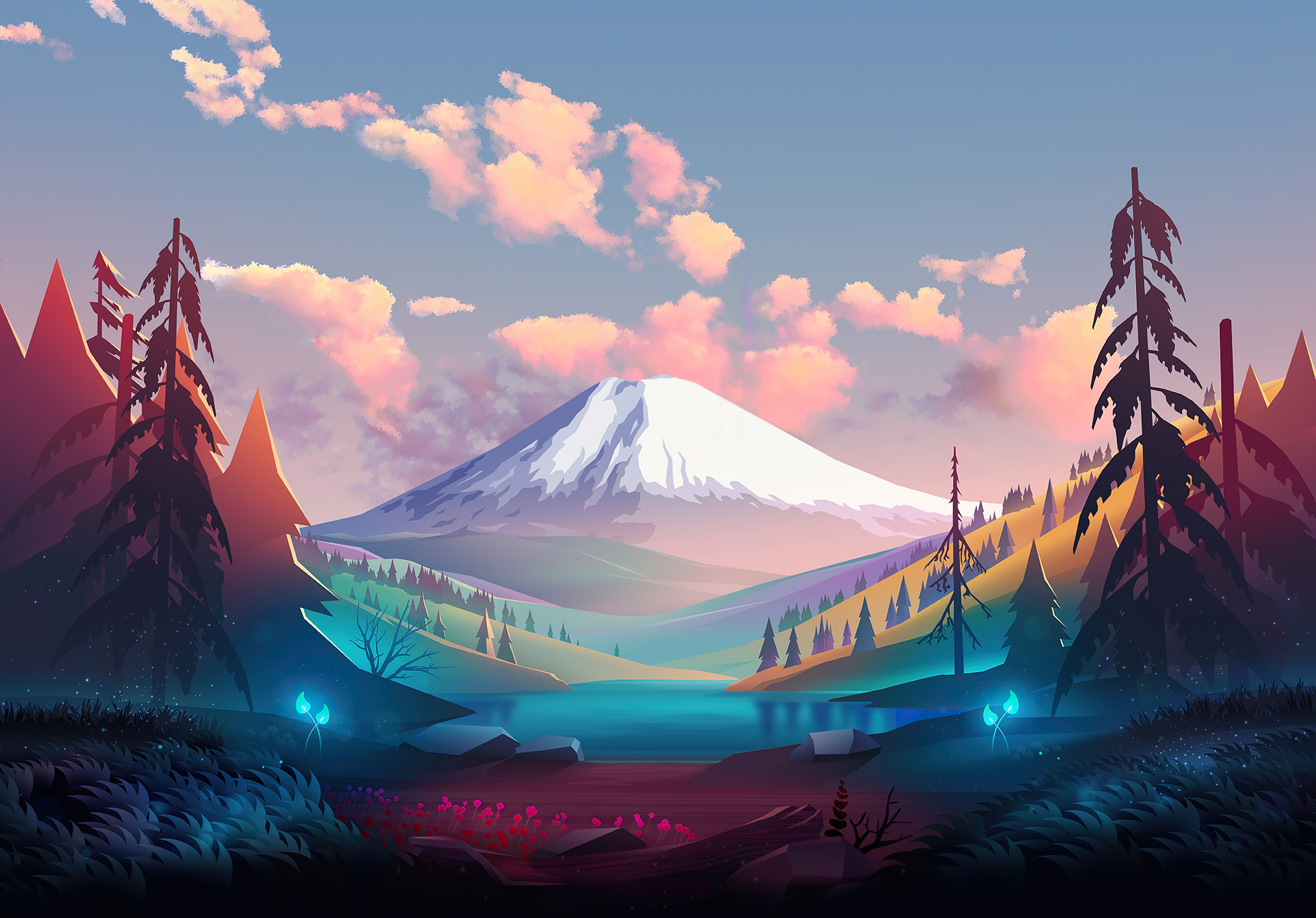 Landscape Trees Mountains Clouds