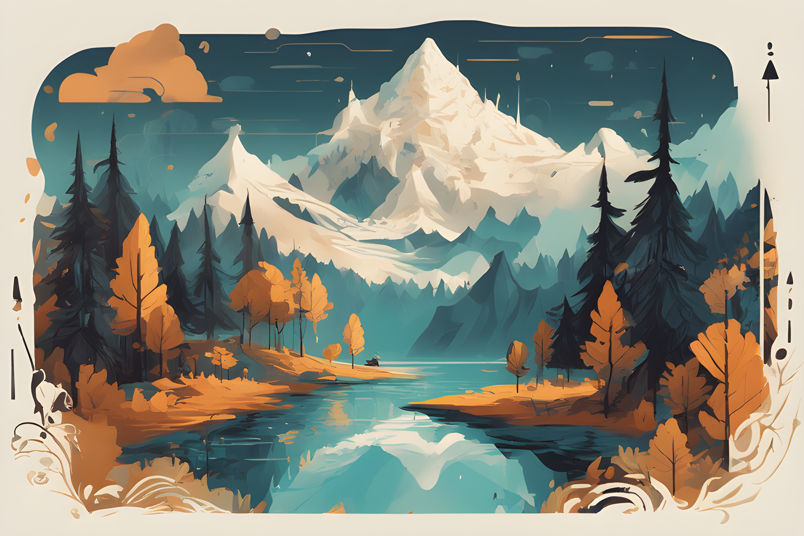 ai art, drawing, nature, mountains, stream