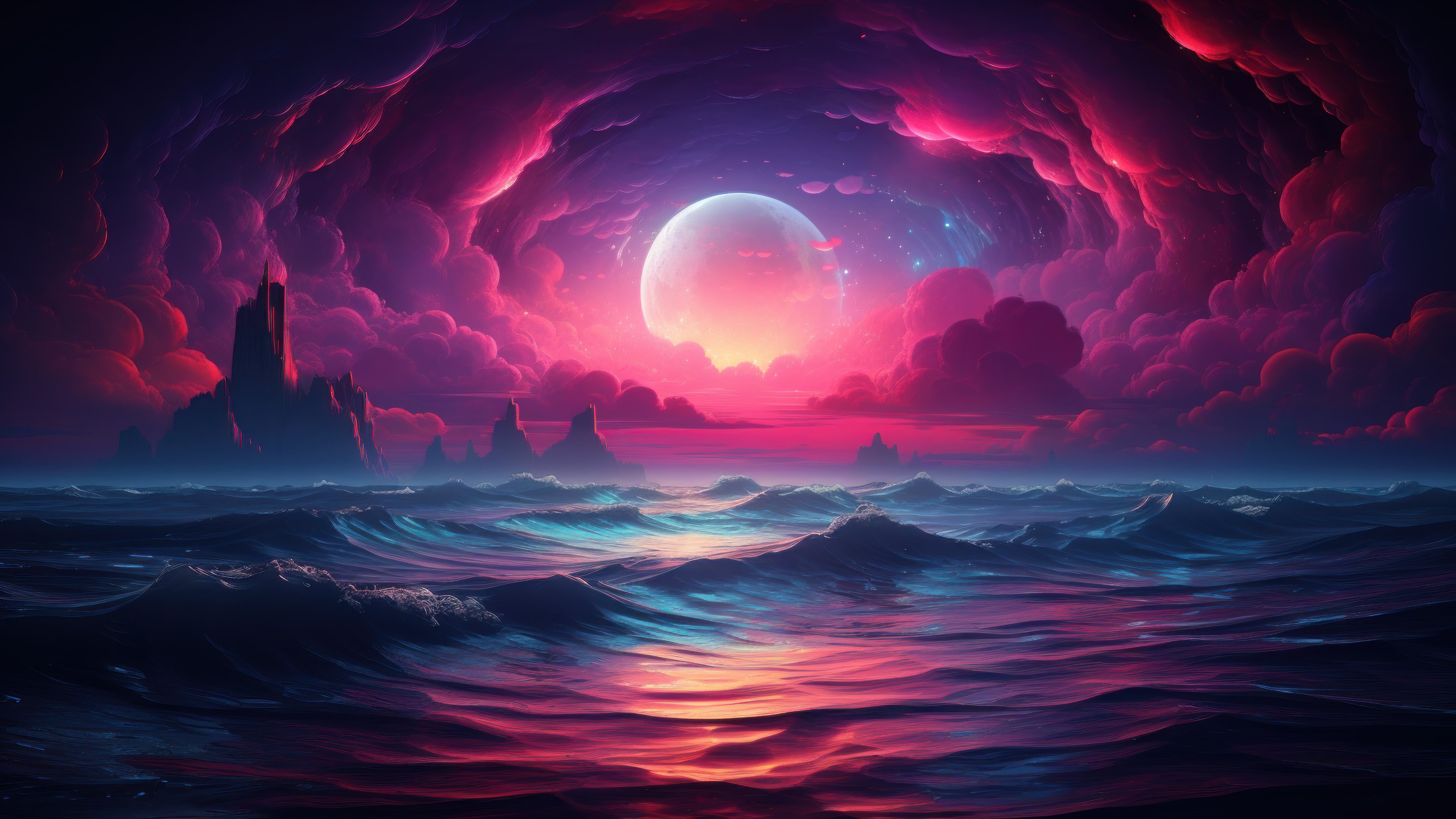 Colorful Moonlit Sea Waves