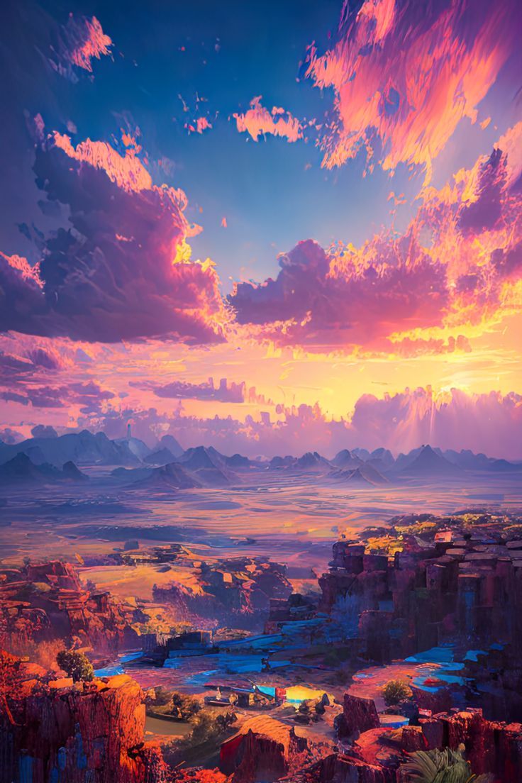 Sunset Anime Art Clouds Sky Scenery 4K