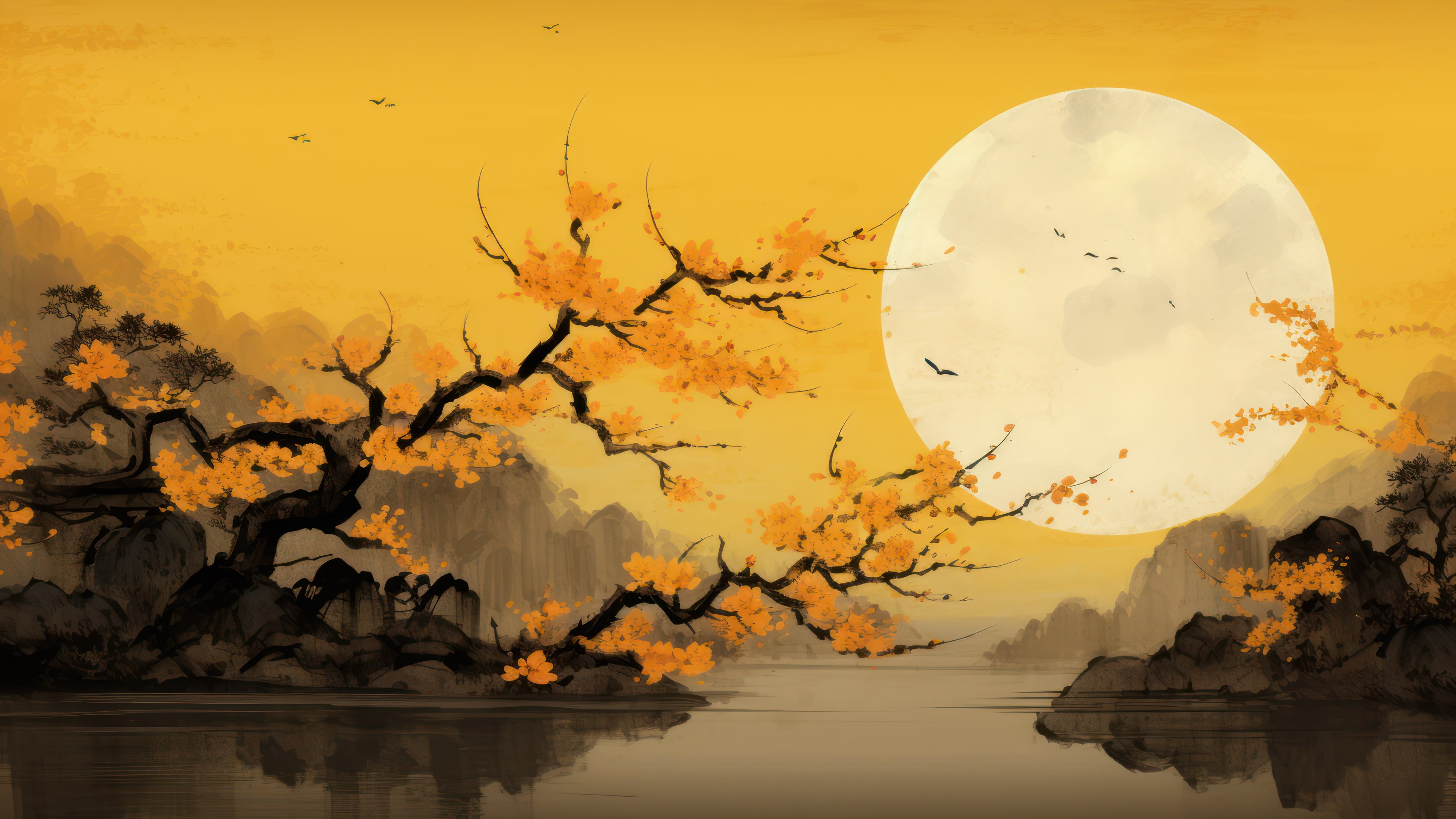 Moon Scenery Orange Japanese Painting