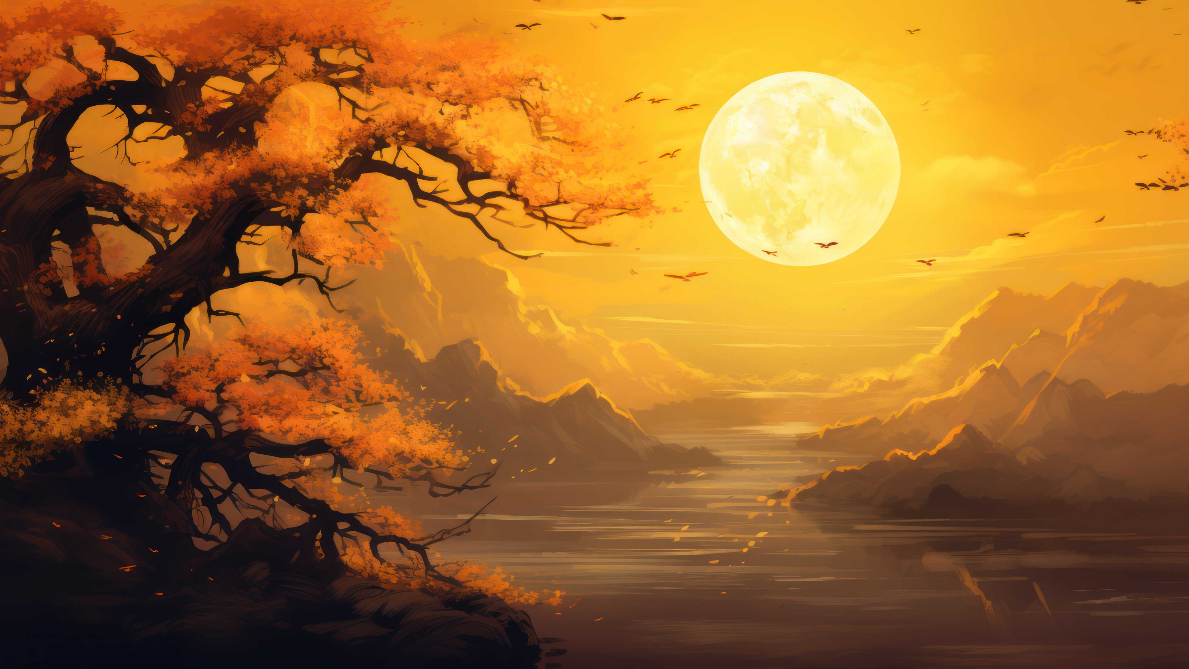 Orange Japanese Painting 4K Wallpaper