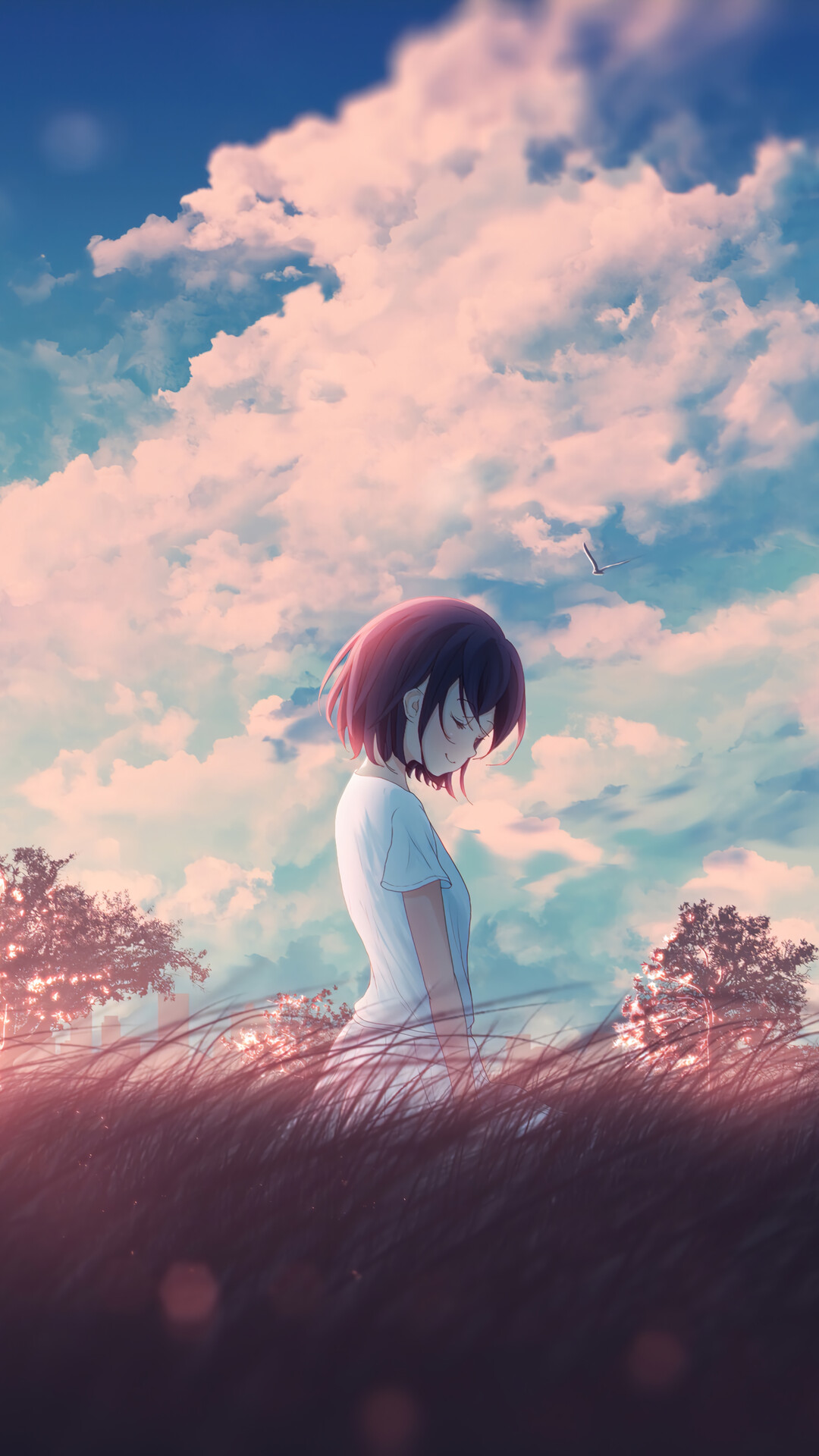 Anime Girl Sunrise Scenery Sky 4K Phone