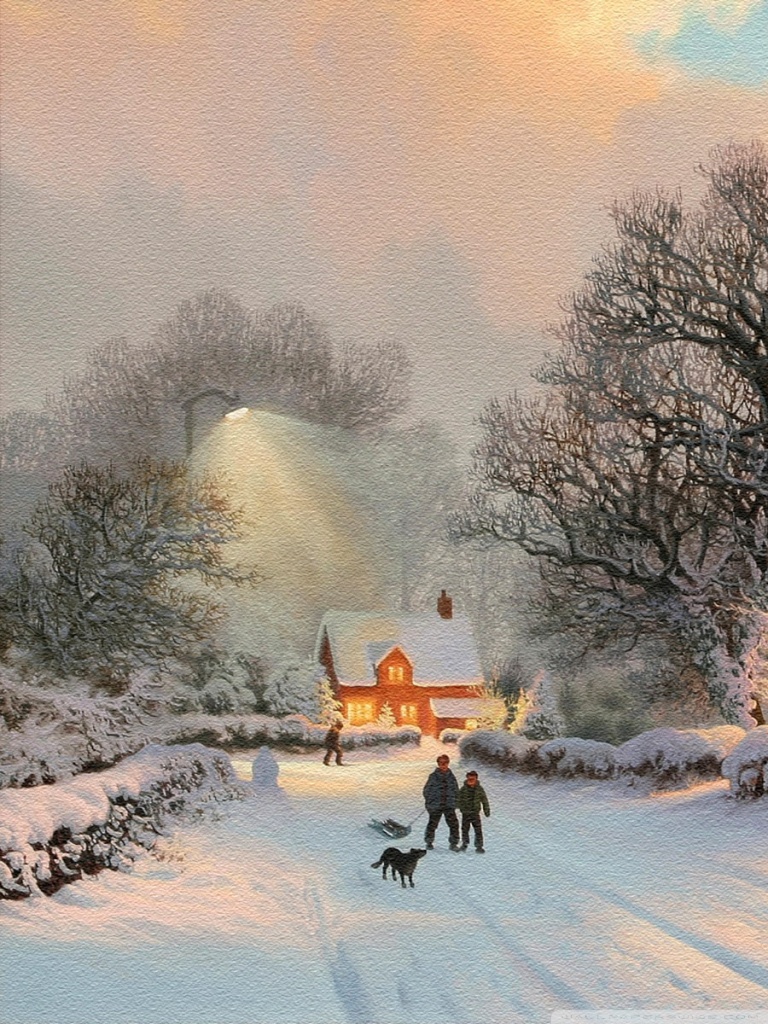 Village In Winter Painting 4K UHD Wallpaper for UltraHD Desktop and TV, Smartphone and Tablet Devices
