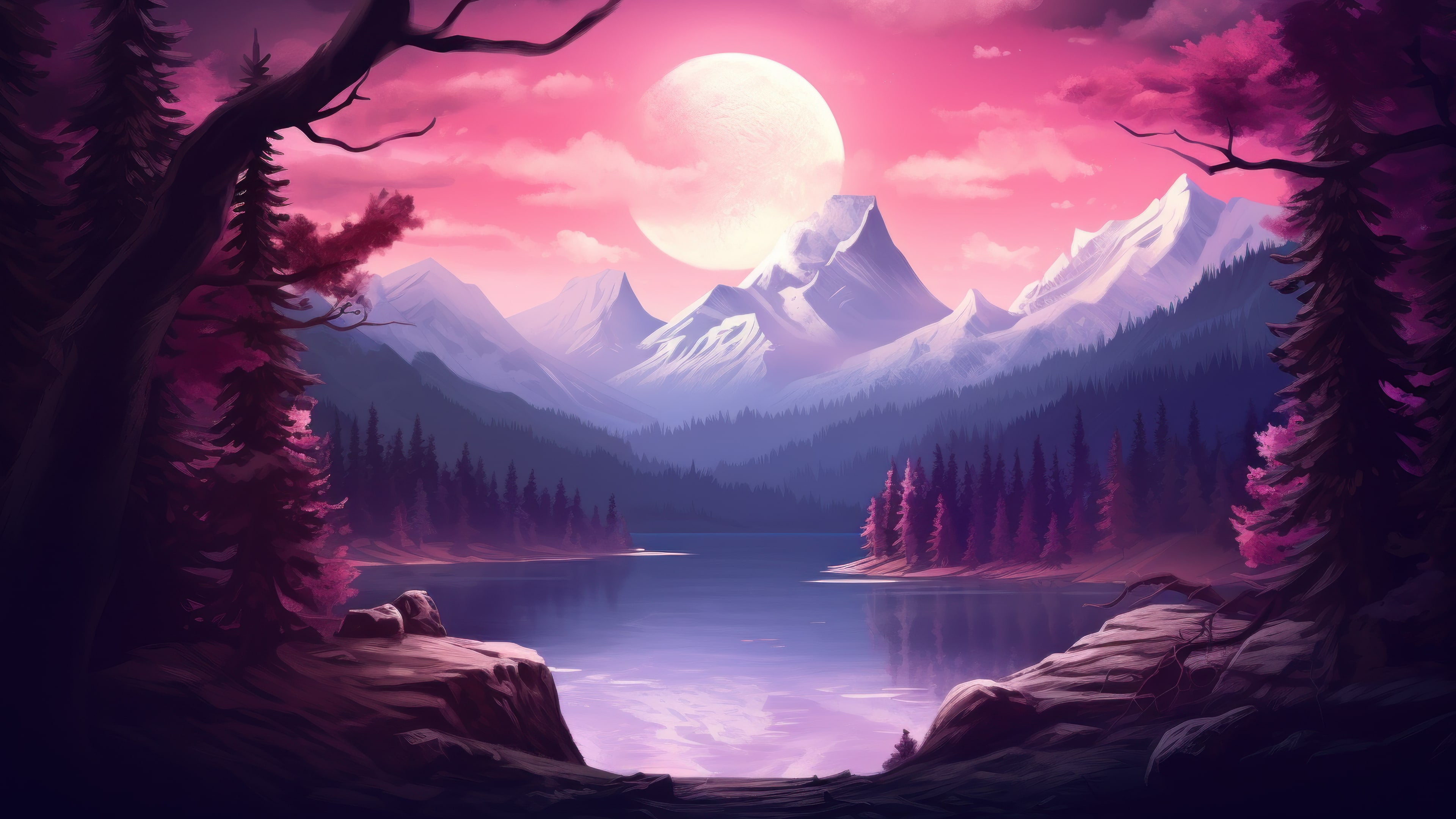 Moonlit Purple Mountain Trees AI