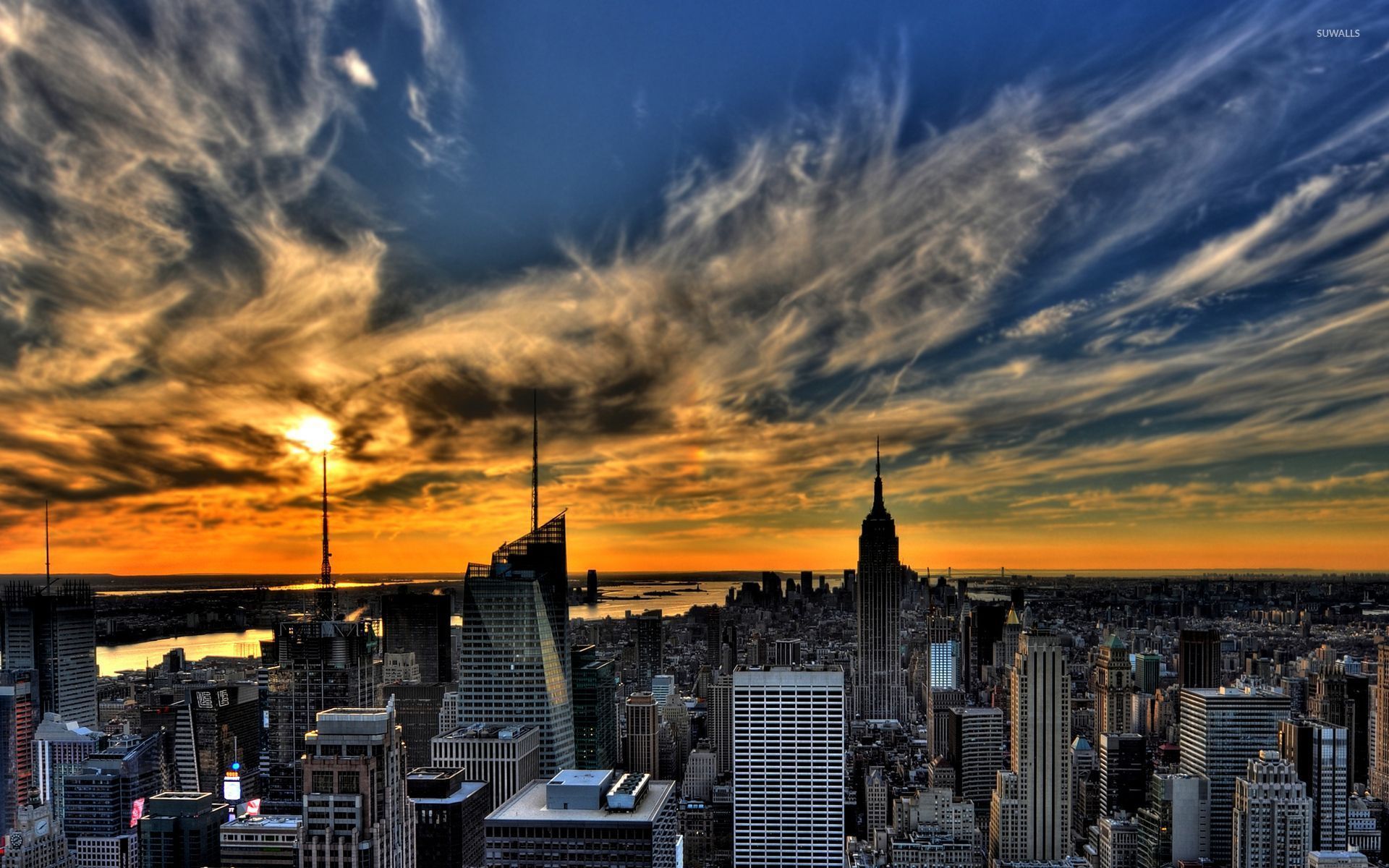 Amazing sunset sky above New York City