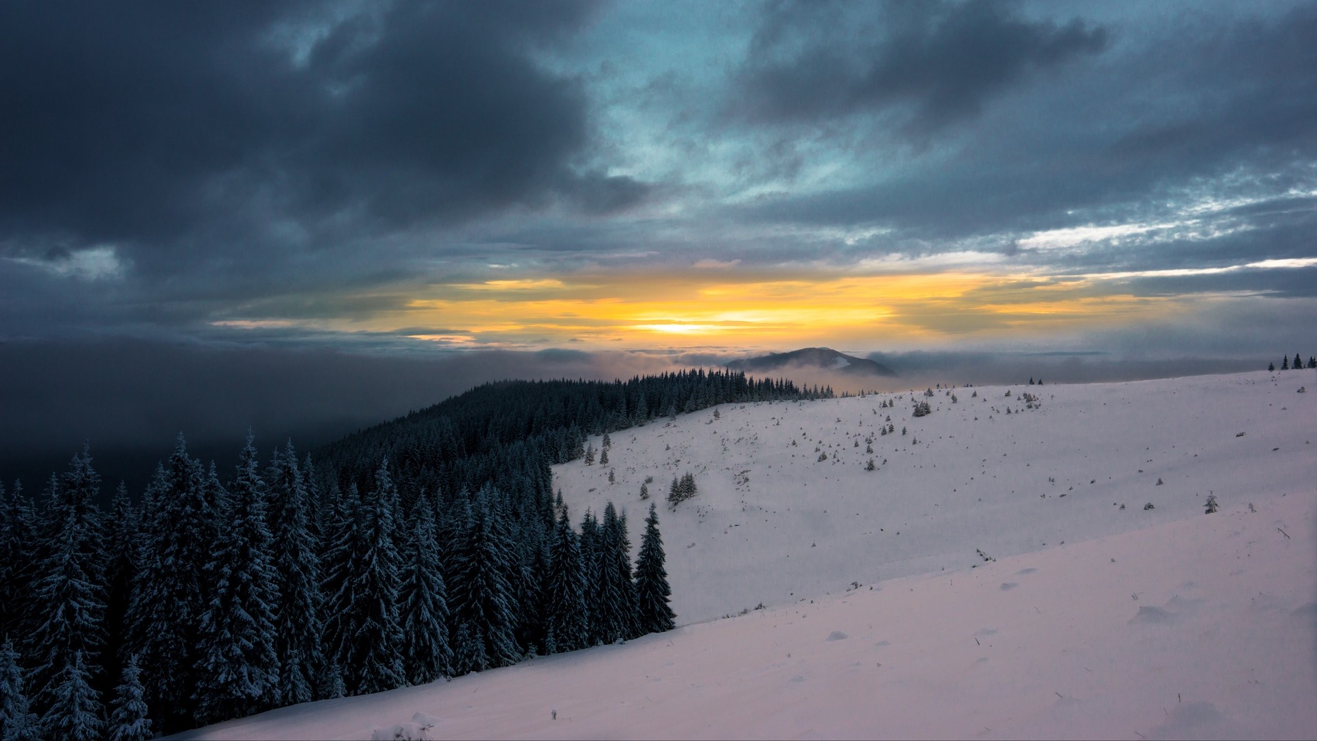 Winter, mountains, forest, snow, sunset