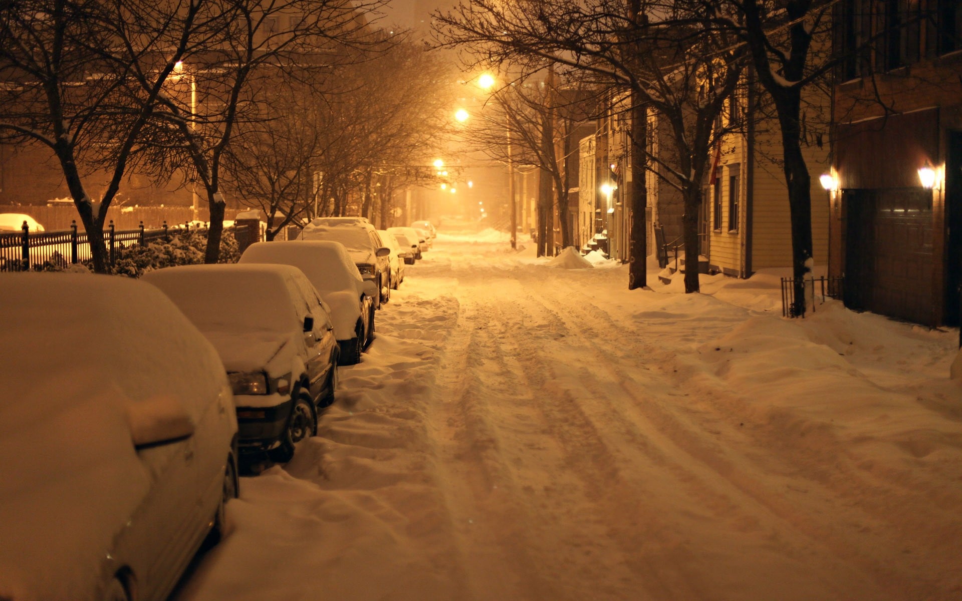 New York snow on a winter night. 1920