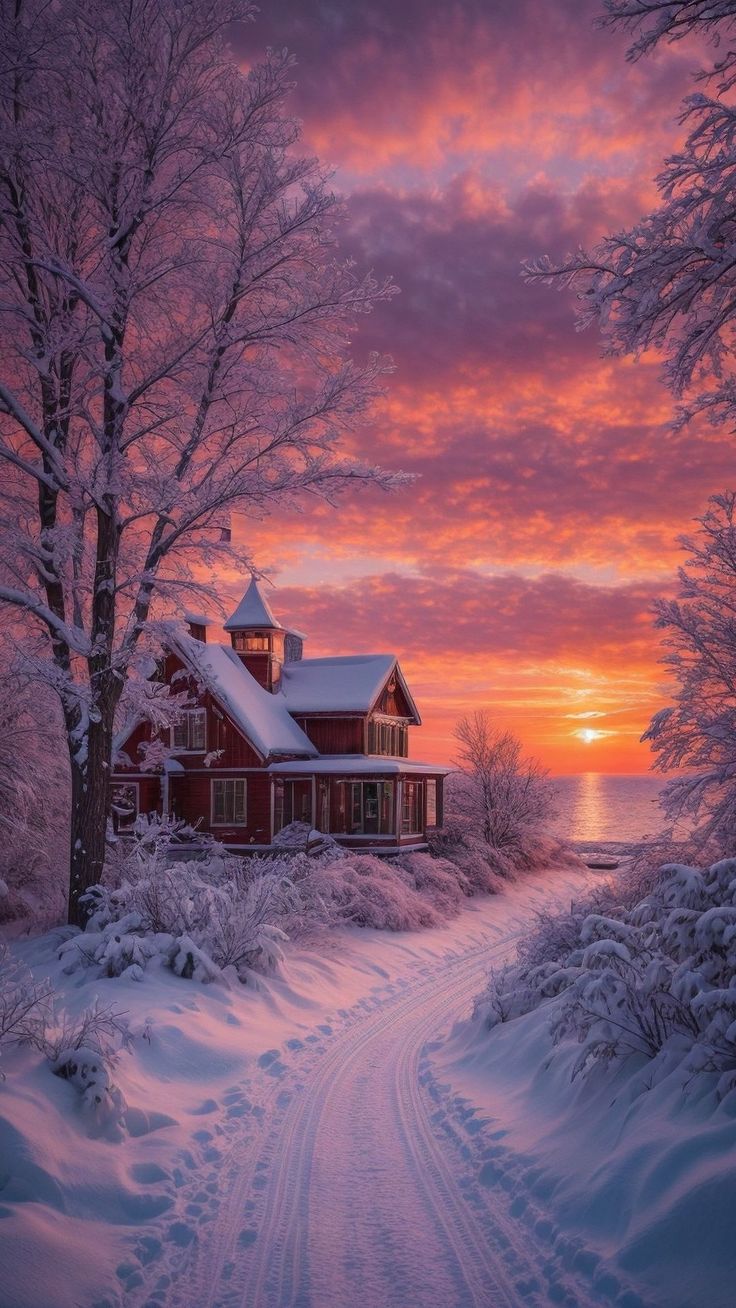 Wallpaper road, house, trees, snow, sunset, winter, nature, Space 4K by ♤CRISTIAN♧¿. Download wallpaper road, house, trees, snow, sunset, winter, nature for free