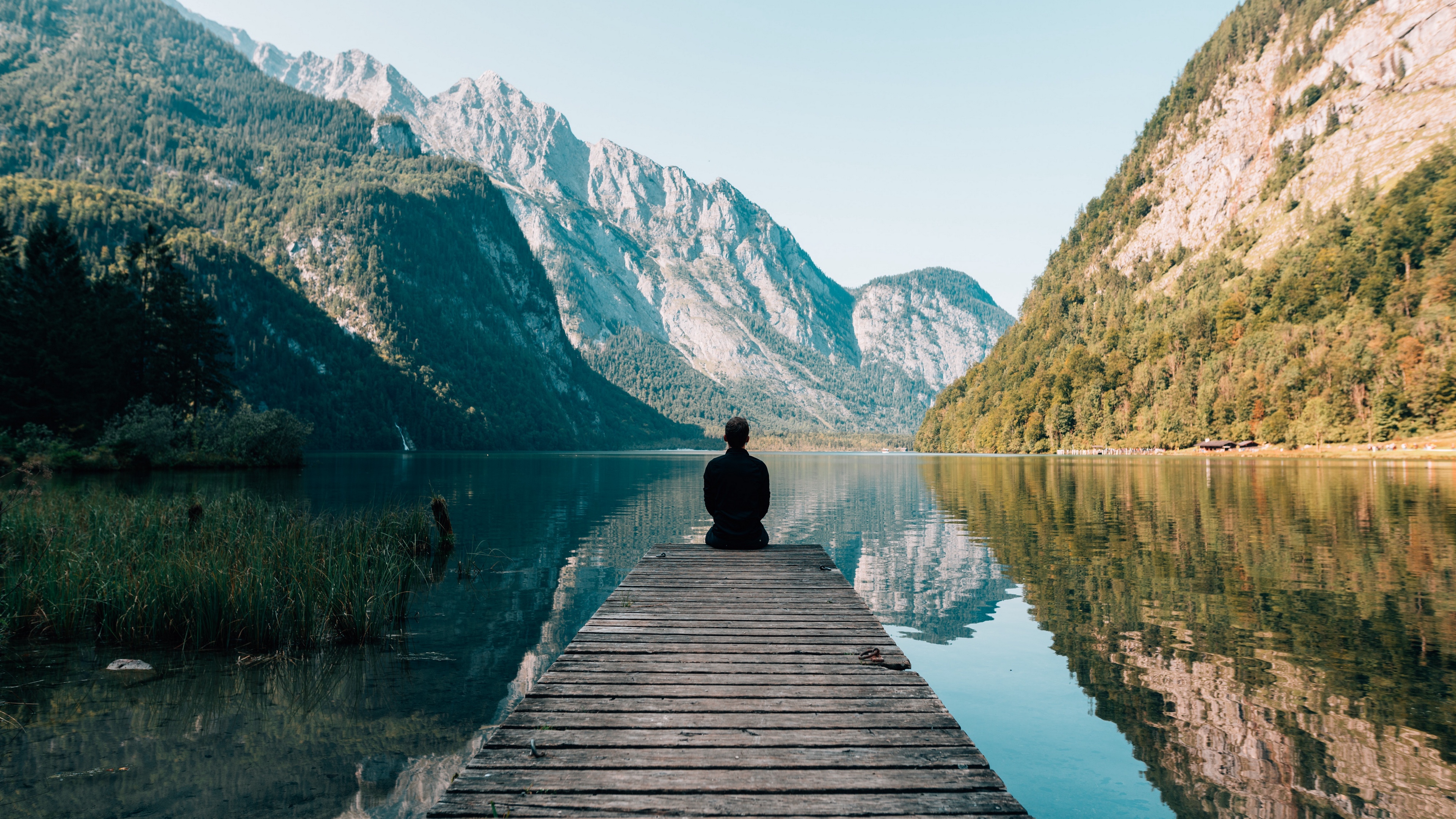 man, pier, lonely, mountains, silence