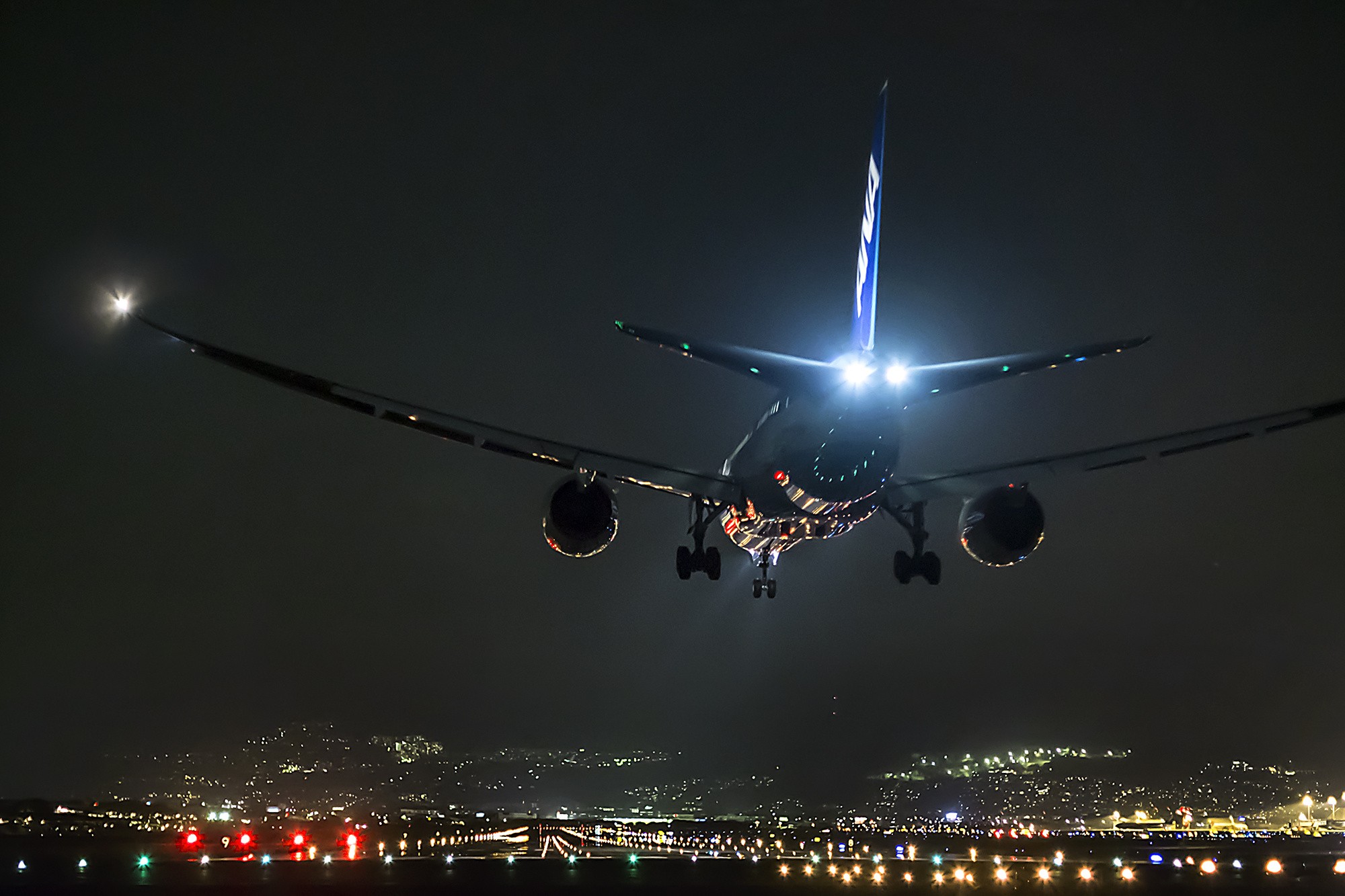 runway, night, landing, airplane