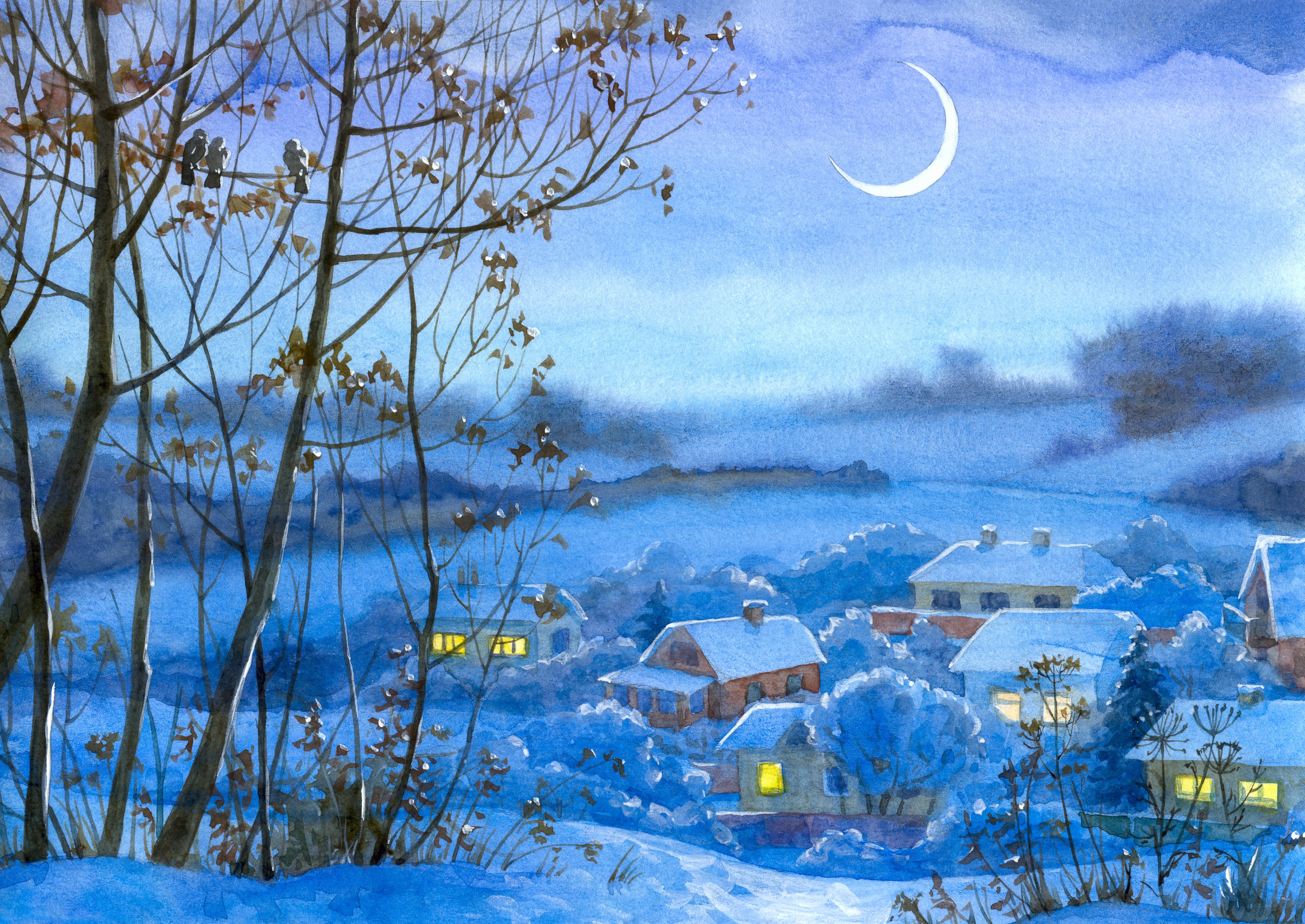 Painting winter village home night