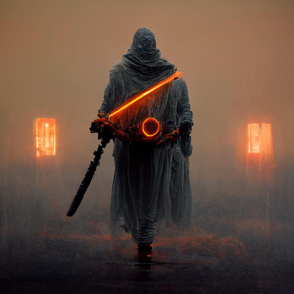 A Gray Jedi with an Orange Lightsaber