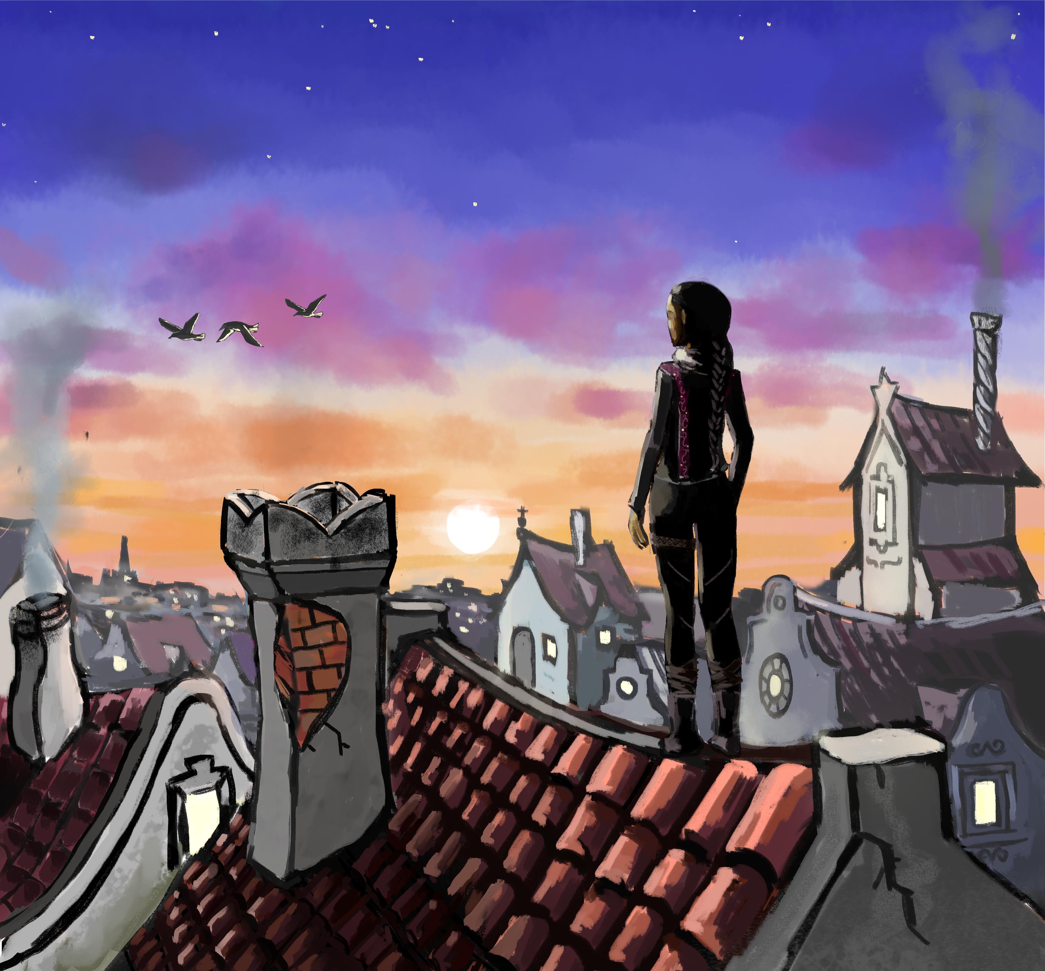 Inej up on the Ketterdam rooftops