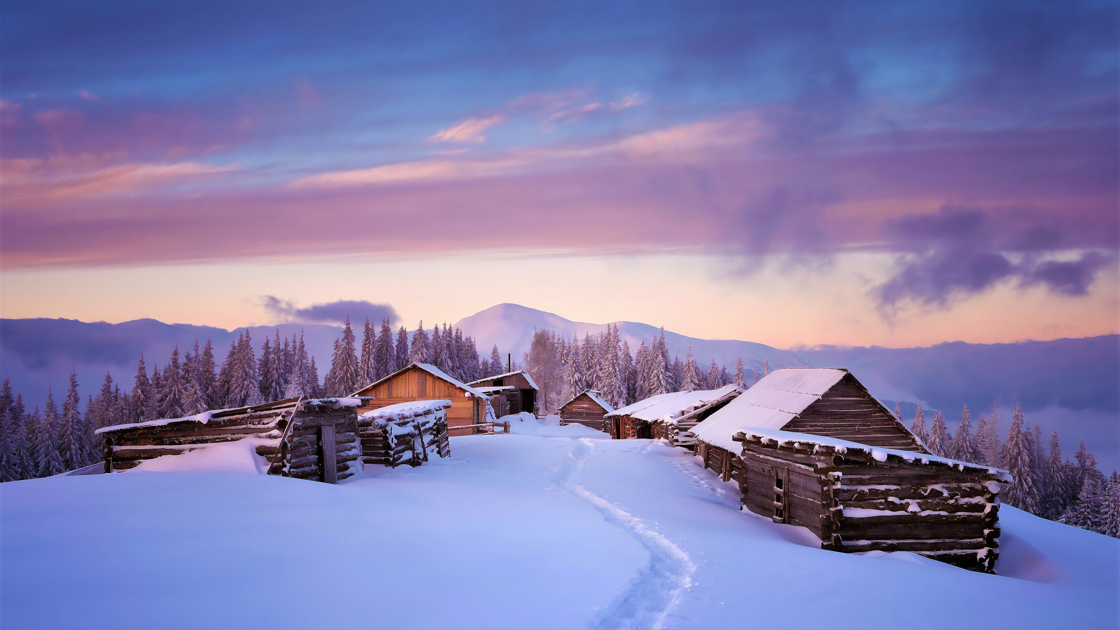 Huts Covered In Snow 4k Wallpaper, HD
