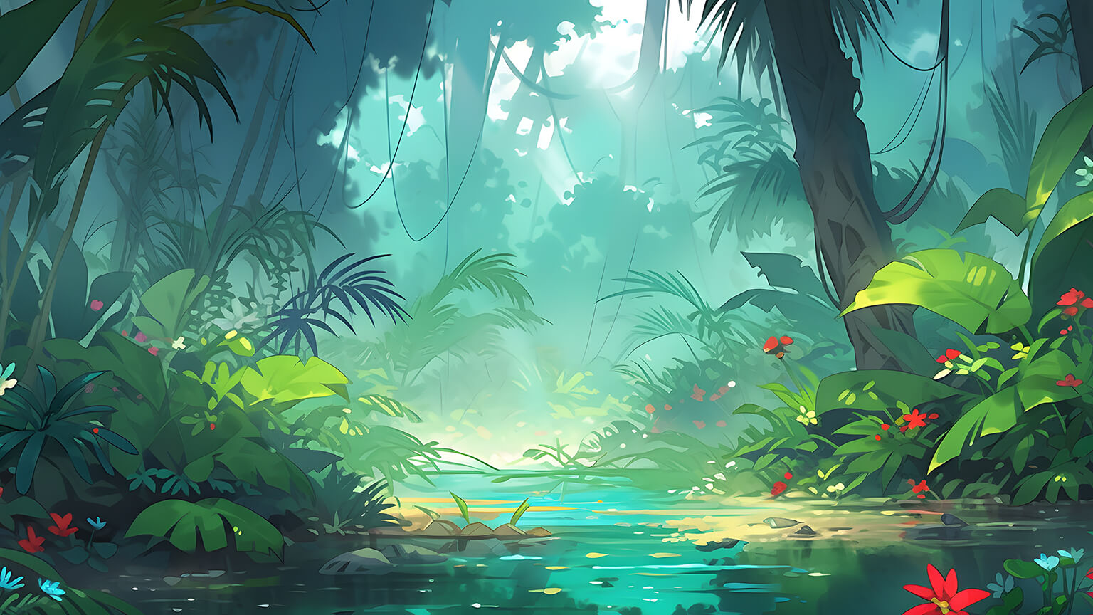Tropical Forest with Flowers Desktop Wallpaper