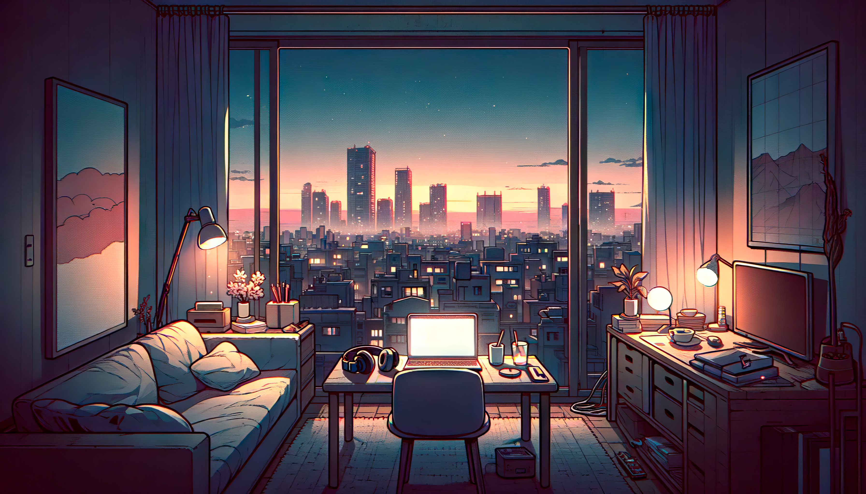 Anime Lofi Room with Cityscape View HD