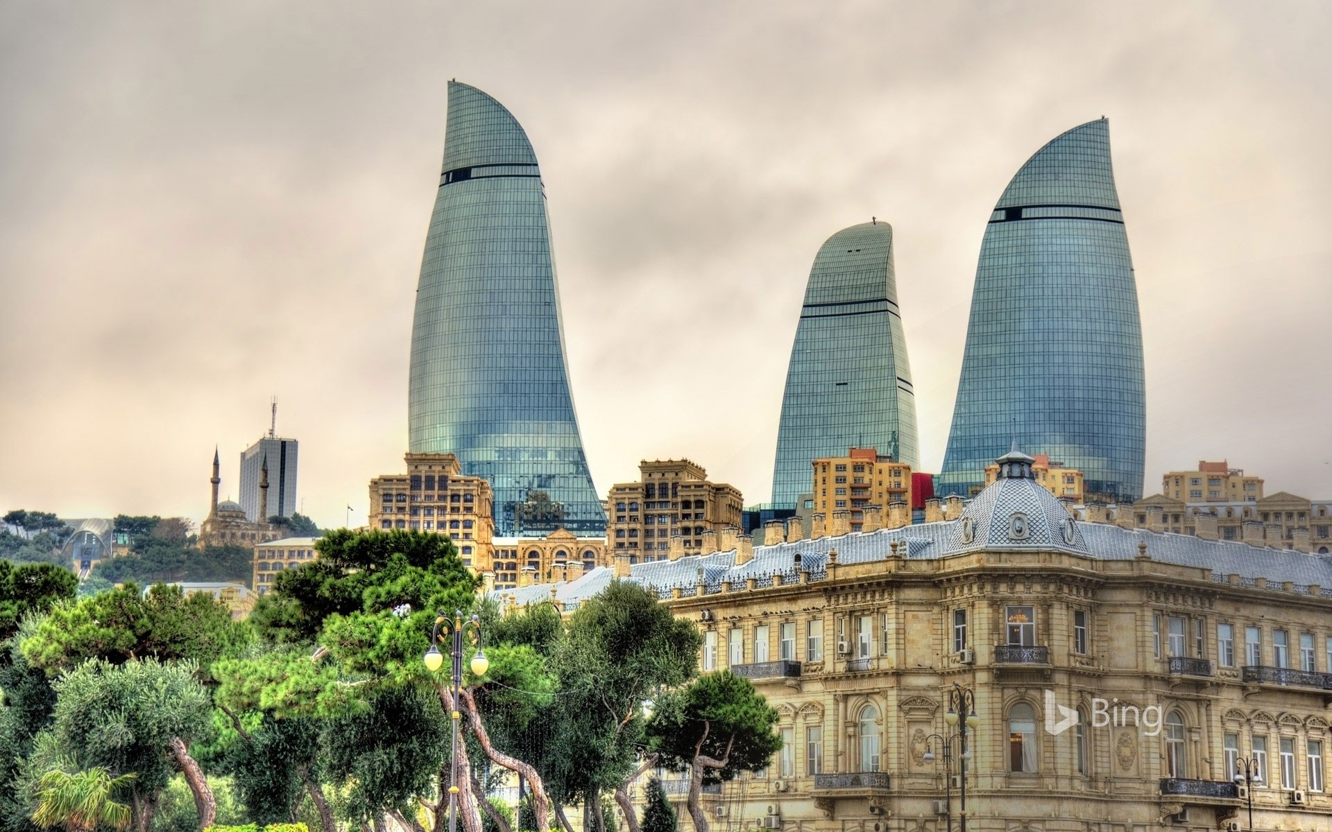 Flame Towers and skyline of Baku
