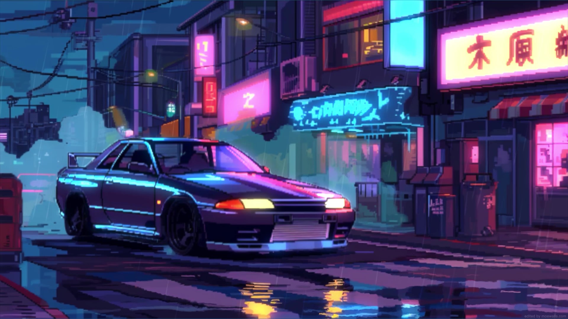 Pixel Retro Car Japanese Street Rainy