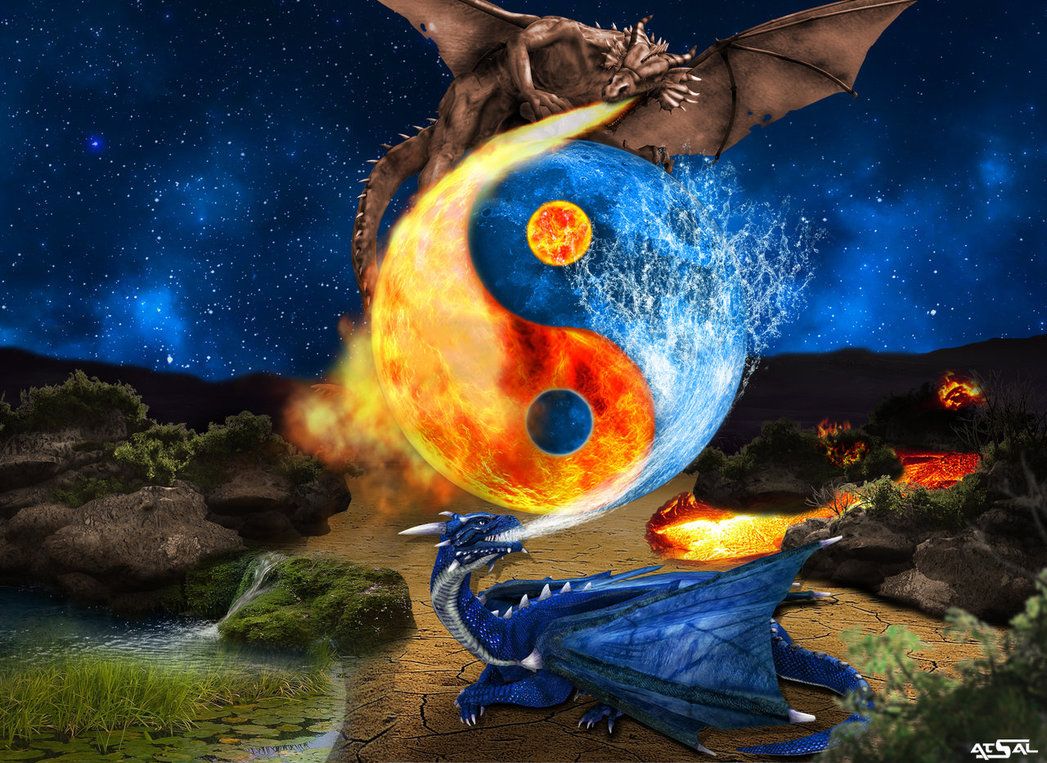 Ying Yang Fire Water Dragons. Painting
